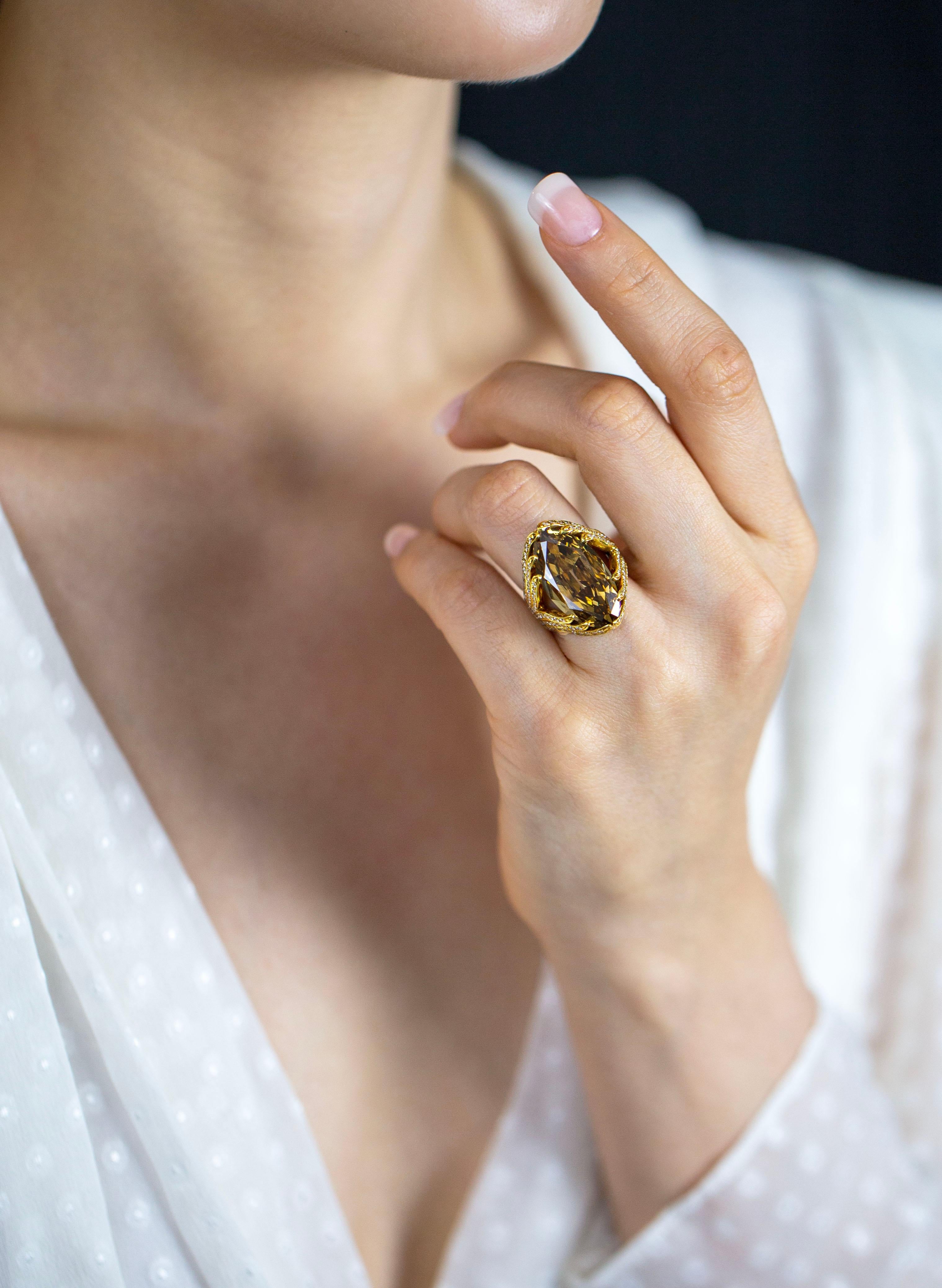 Women's GIA Certified 10.07 Carat Fancy Deep Brown Yellow Marquise Cut Diamond Ring For Sale