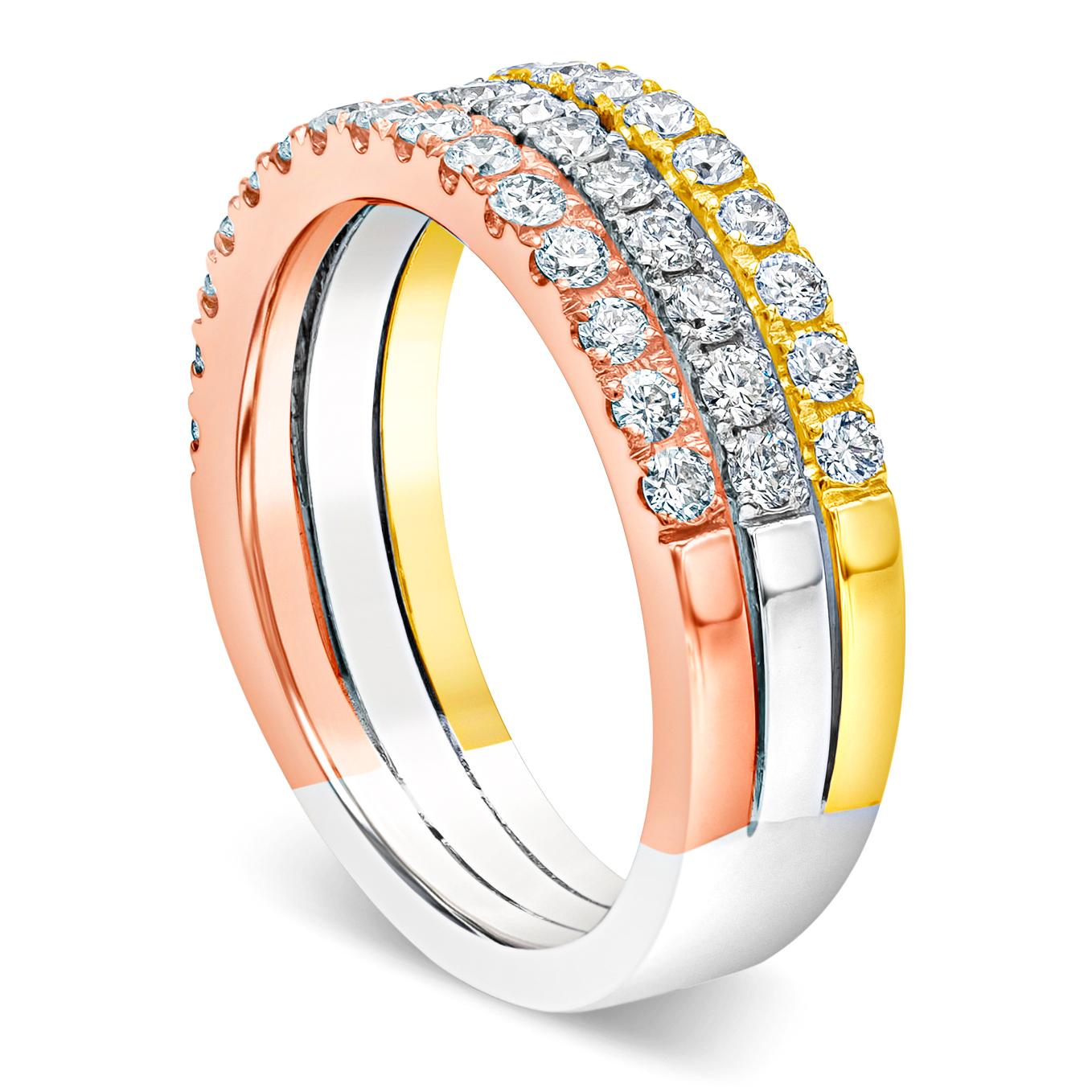 Contemporary Roman Malakov 1.01 Carat Total Round Diamond Three-Row Stacked Wedding Band Ring For Sale