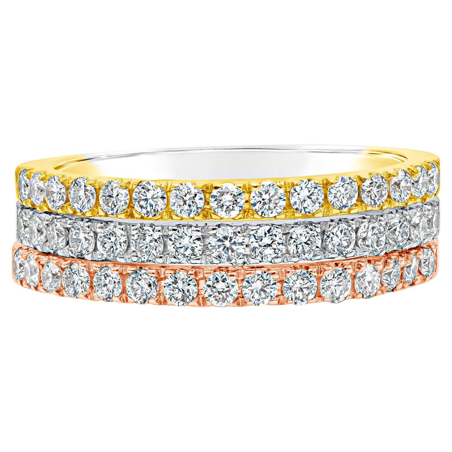 Roman Malakov 1.01 Carat Total Round Diamond Three-Row Stacked Wedding Band Ring For Sale