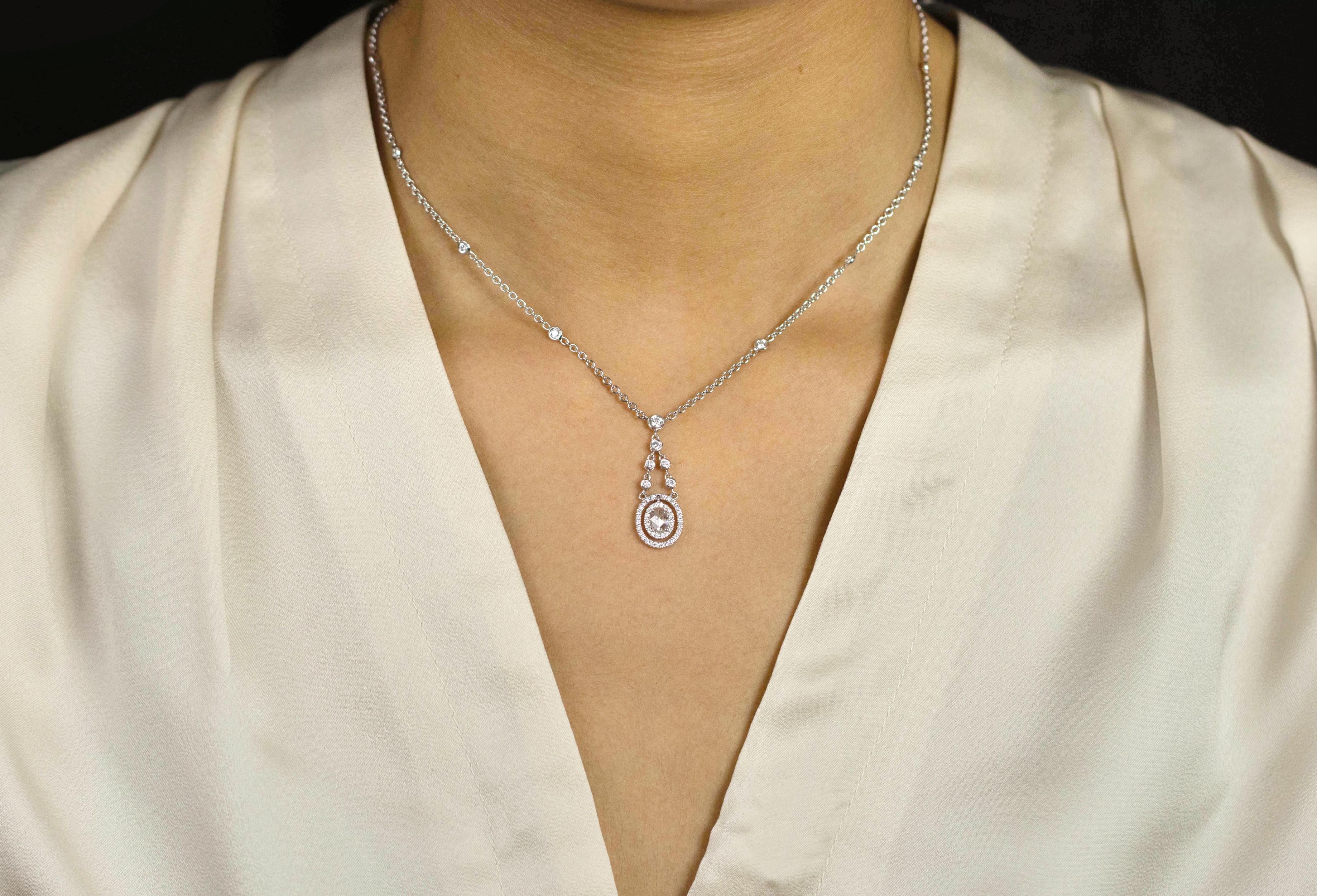 Oval Cut Roman Malakov 1.01 Carats Total Oval & Round Diamond Halo Drop Pendant Necklace For Sale