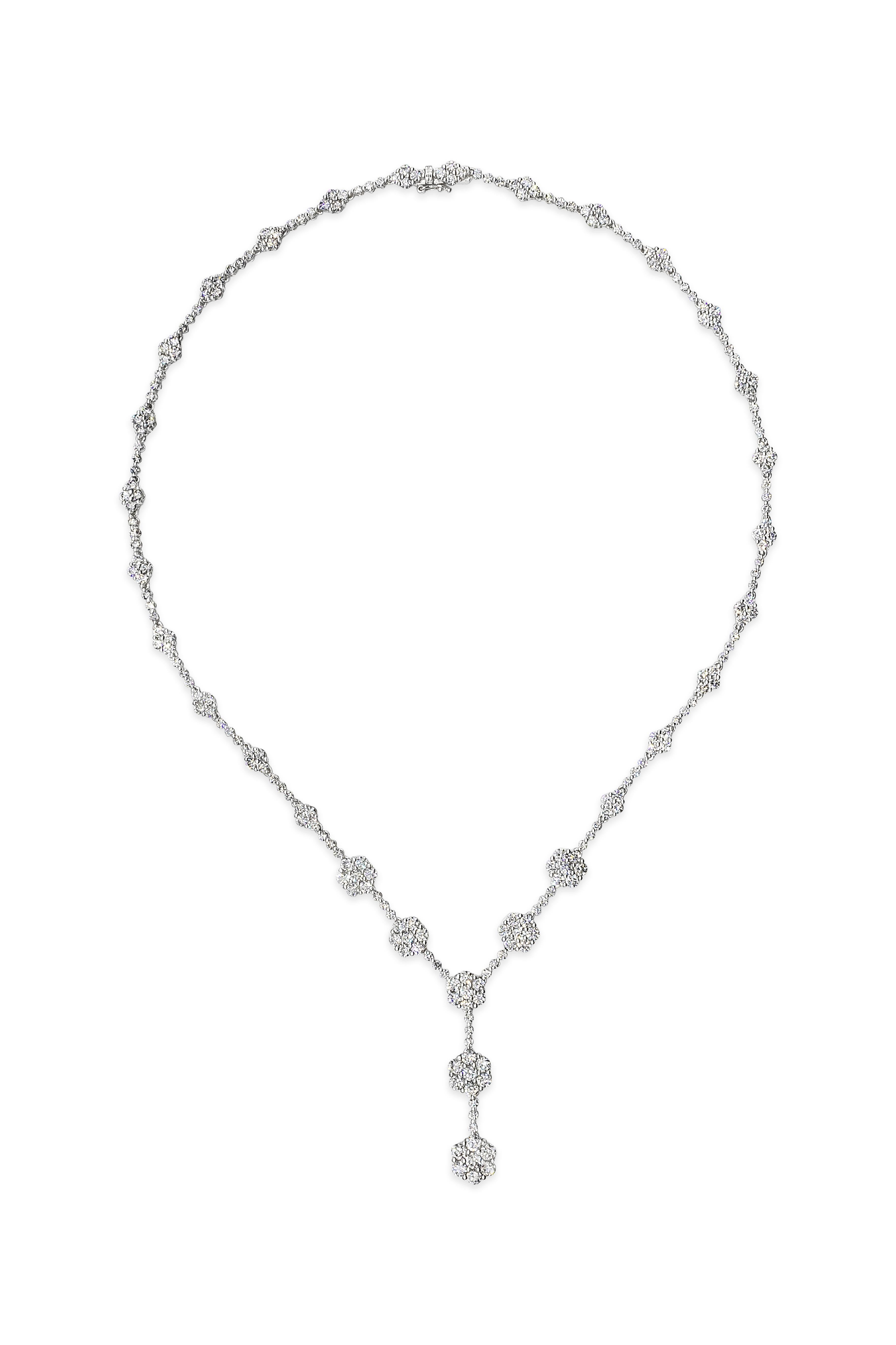 A beautiful long necklace, showcasing one row of round cut diamond clusters with an elegant drop design. Diamonds weigh 10.14 carats total and are set beautifully in a floral motif. Finely made with 18K white gold. 

Roman Malakov is a custom house,