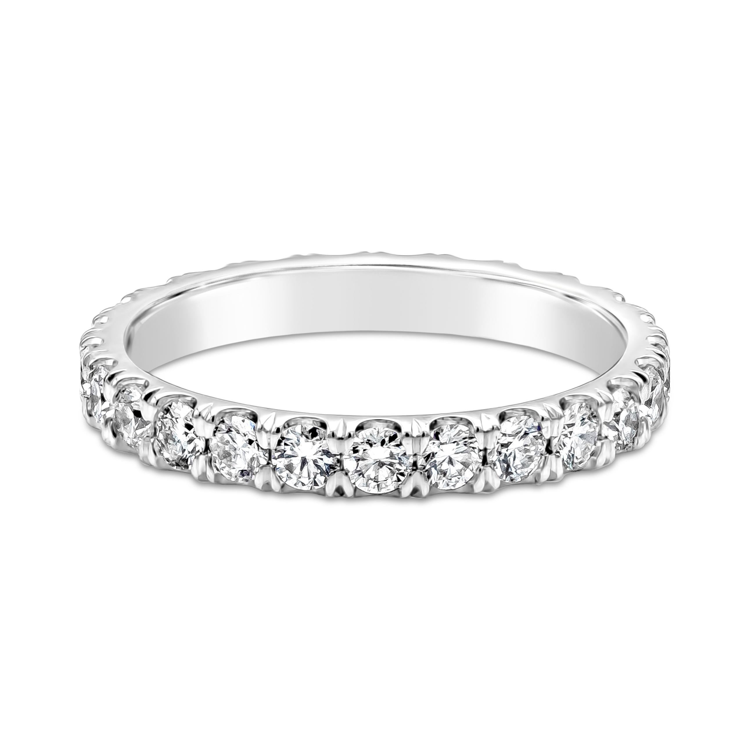 A classic eternity wedding band style showcasing a row of round brilliant diamonds weighing 1.02 carats total, F-G Color and VS in Clarity. Made with Platinum. 2.10mm in Width Size 6.5 US

Style available in different price ranges. Prices are based