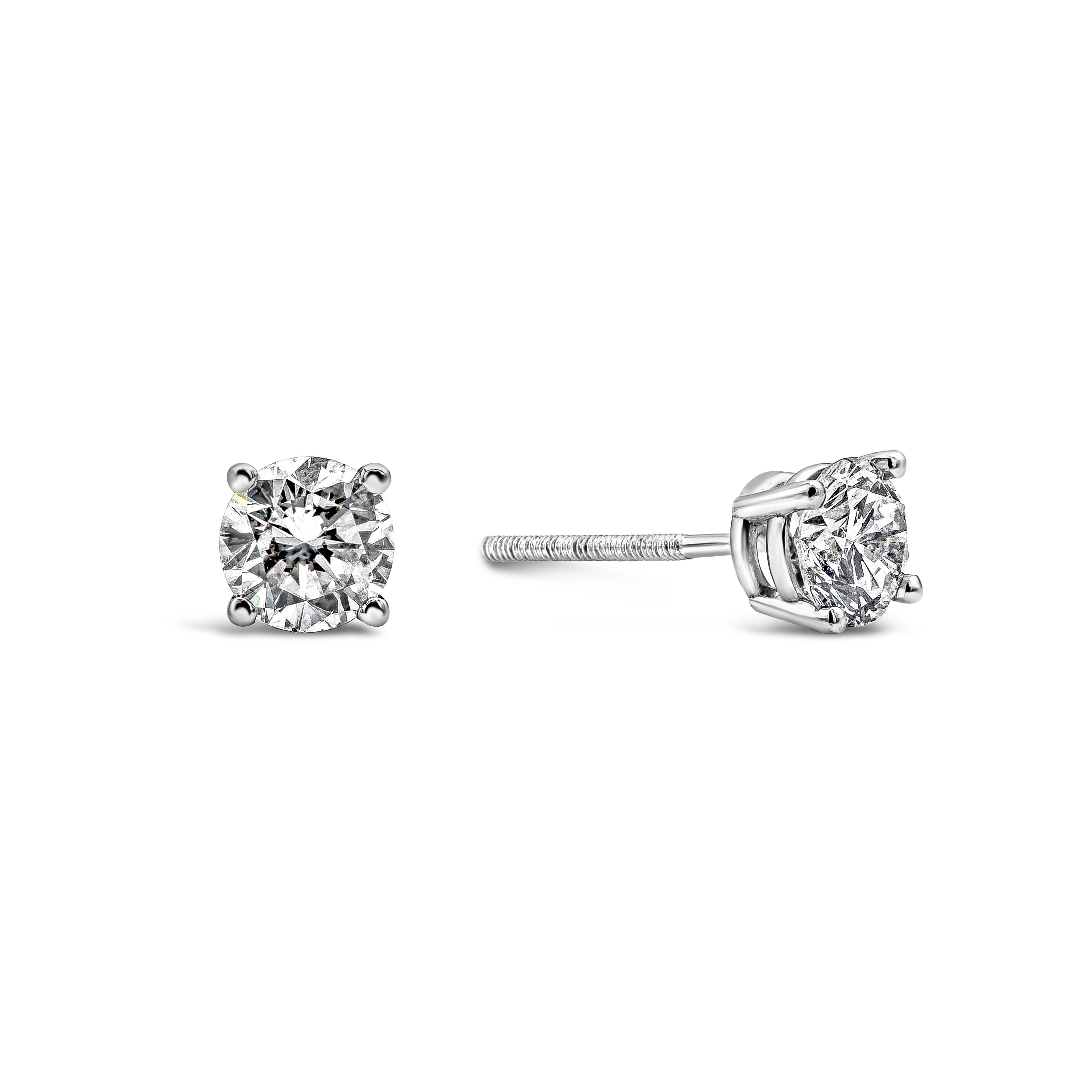 A timeless solitaire stud earring design to compliment any style. Showcasing 2 round brilliant diamonds weighing 1.02 carats total, G color and SI2 clarity. Set in 14K White Gold with screw backs.

Style available in different price ranges. Prices