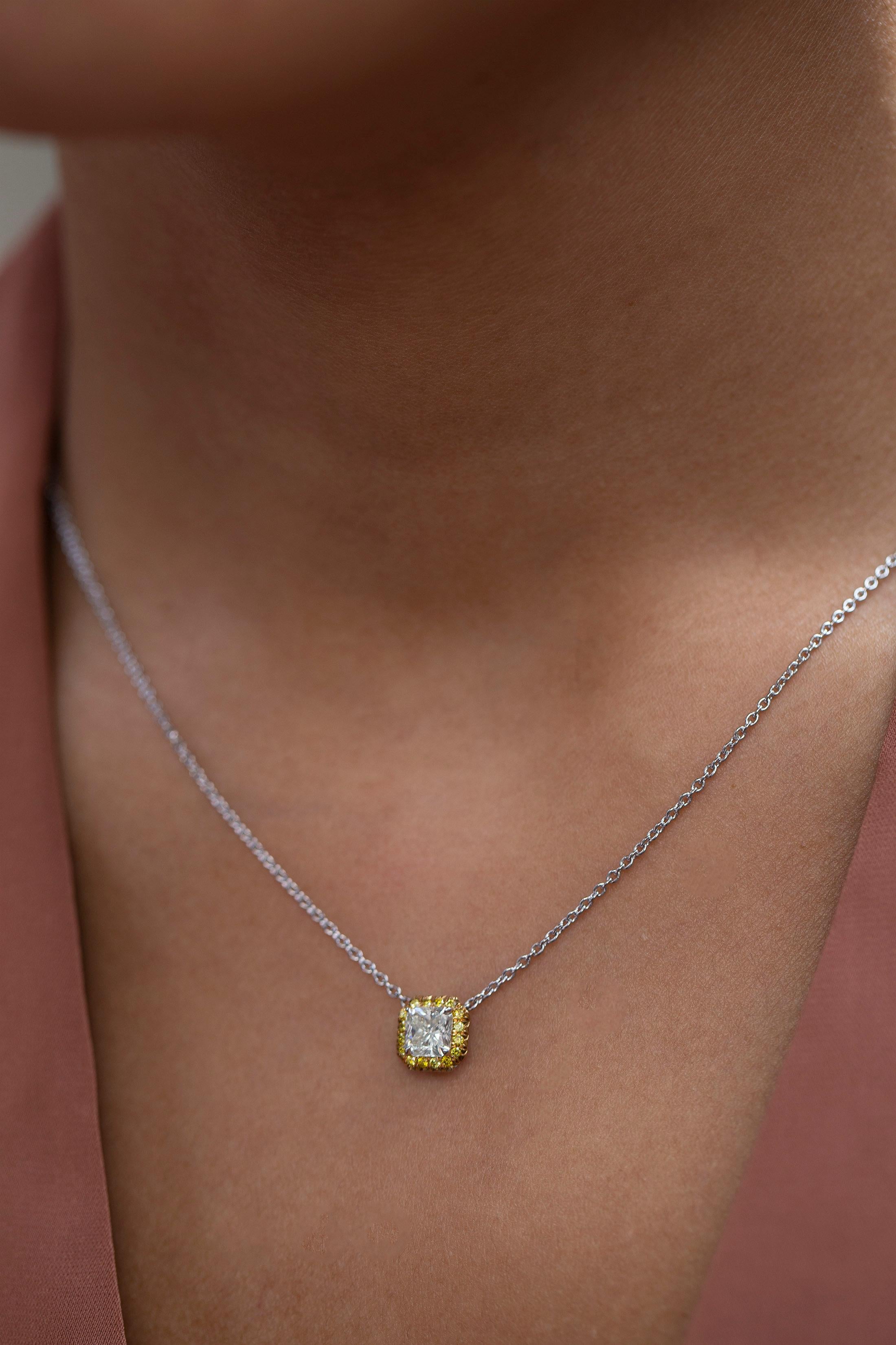 Women's Roman Malakov 1.02 Carats Total Radiant Cut Diamond Halo Pendant Necklace For Sale