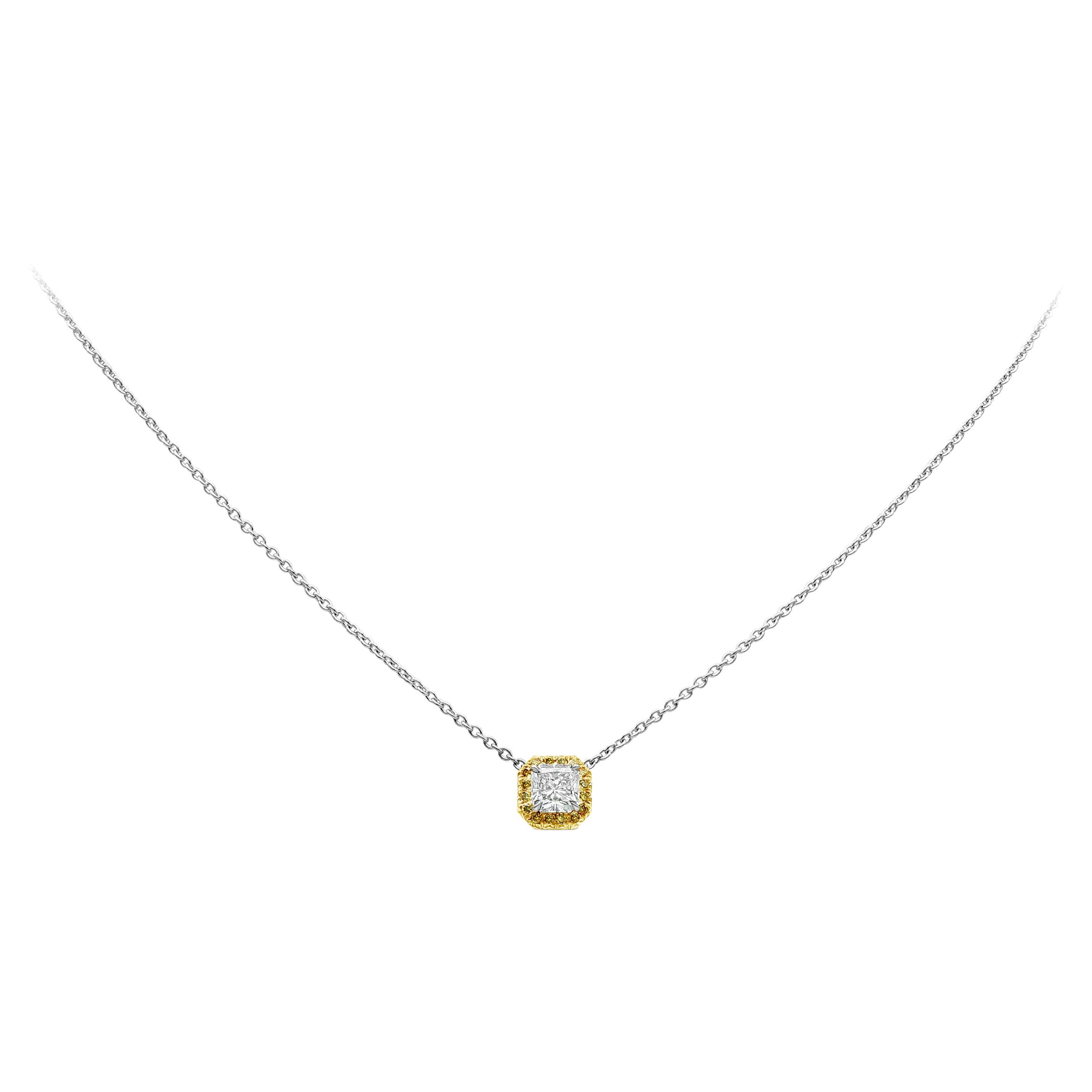 Roman Malakov, 1.02 Carat Total Weight Yellow Halo Pendant Necklace For Sale