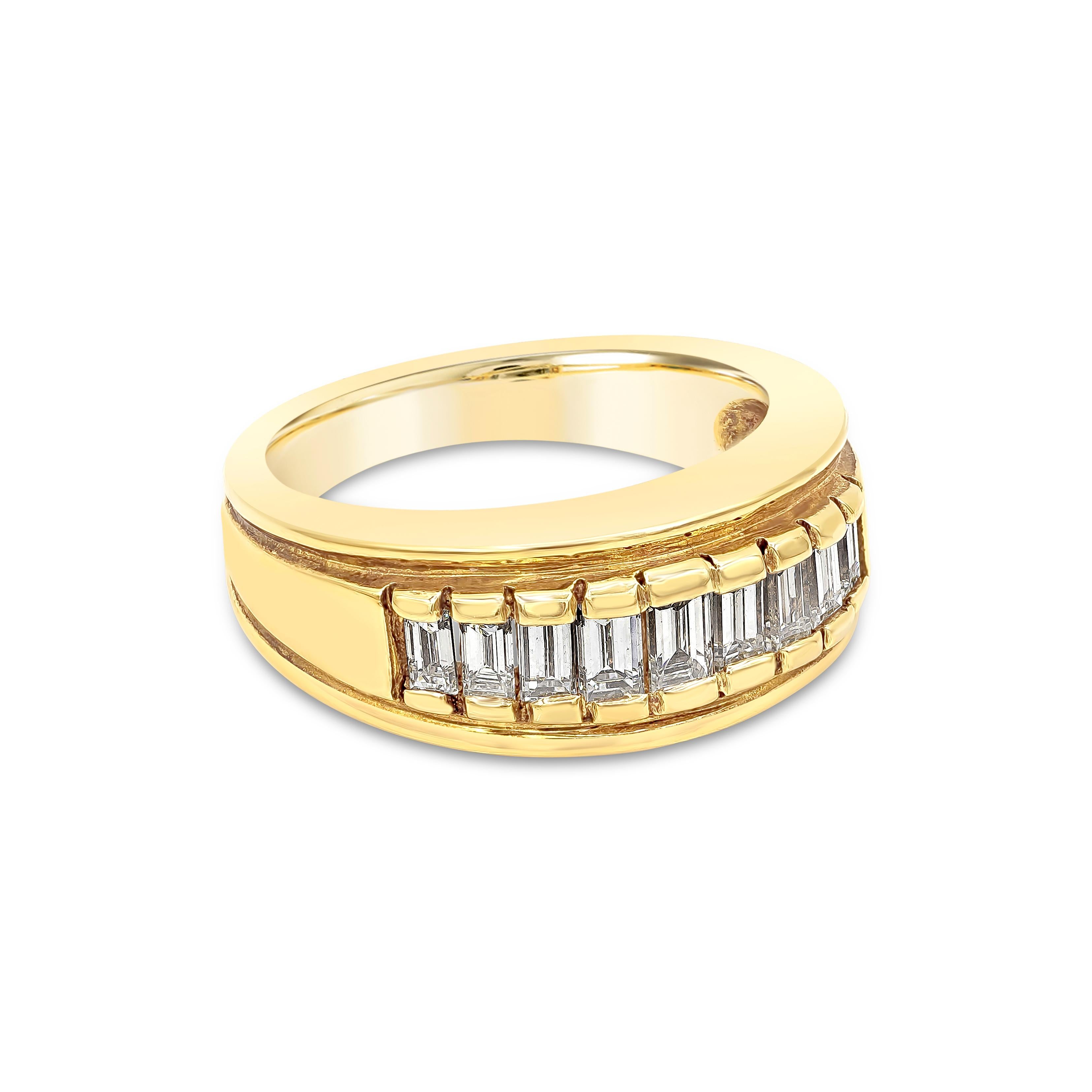 This ring showcases 1.02 carats total of baguette cut diamonds. Diamonds mounted in a unique setting made in 18K Yellow Gold. Size 7 US and resizable. 

Roman Malakov is a custom house, specializing in creating anything you can imagine. If you would