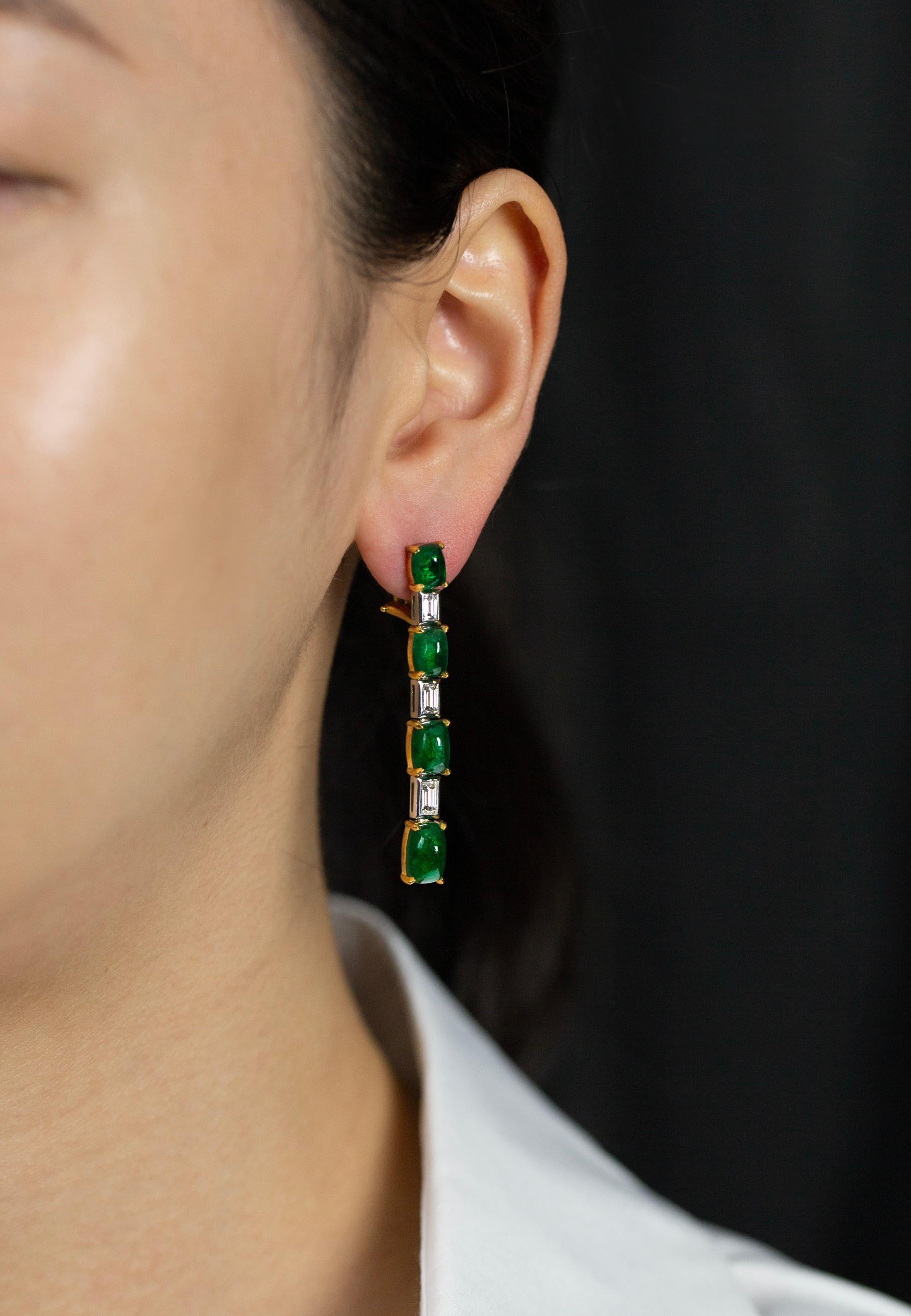 Contemporary Roman Malakov 10.26 Carats Mixed Cut Cabochon Emerald and Diamond Drop Earrings For Sale