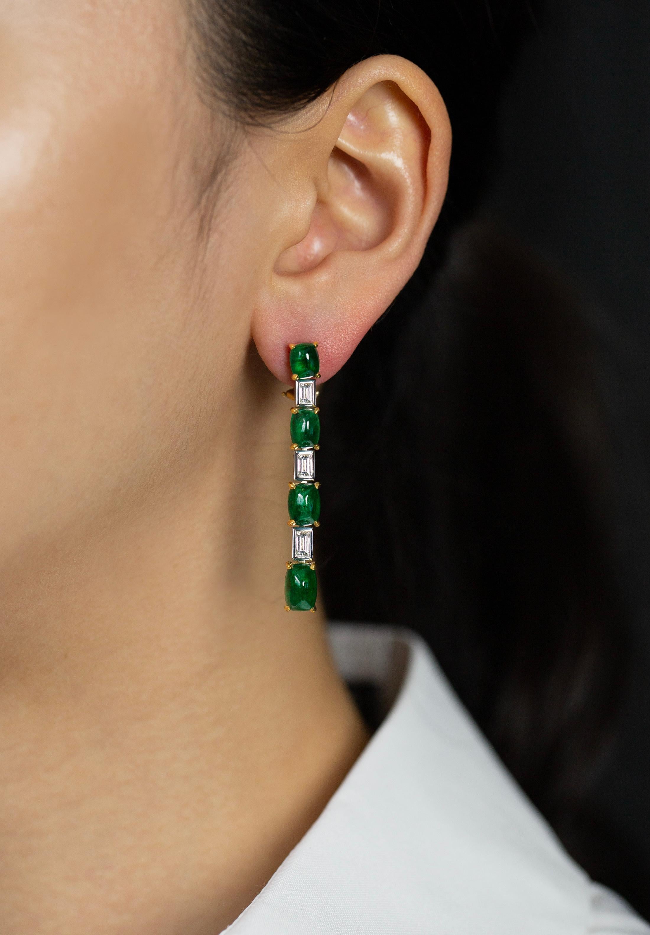 Women's Roman Malakov 10.26 Carats Mixed Cut Cabochon Emerald and Diamond Drop Earrings For Sale