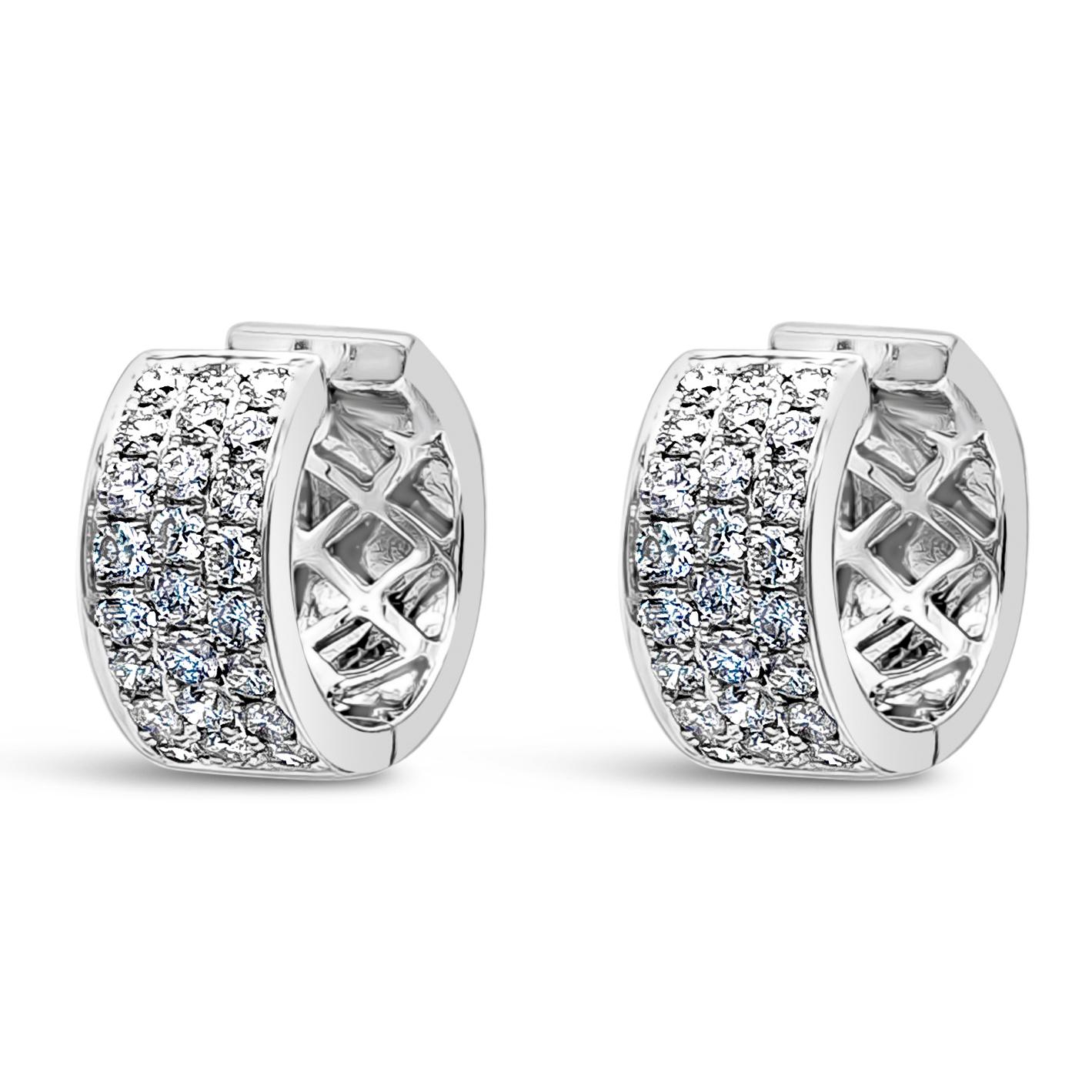 A simple chic huggie hoop earrings showcasing 48 pieces round diamond weighing 1.04 carat total, F Color and VS in Clarity. Pave style setting. Made with 18K White Gold. 

Roman Malakov is a custom house, specializing in creating anything you can