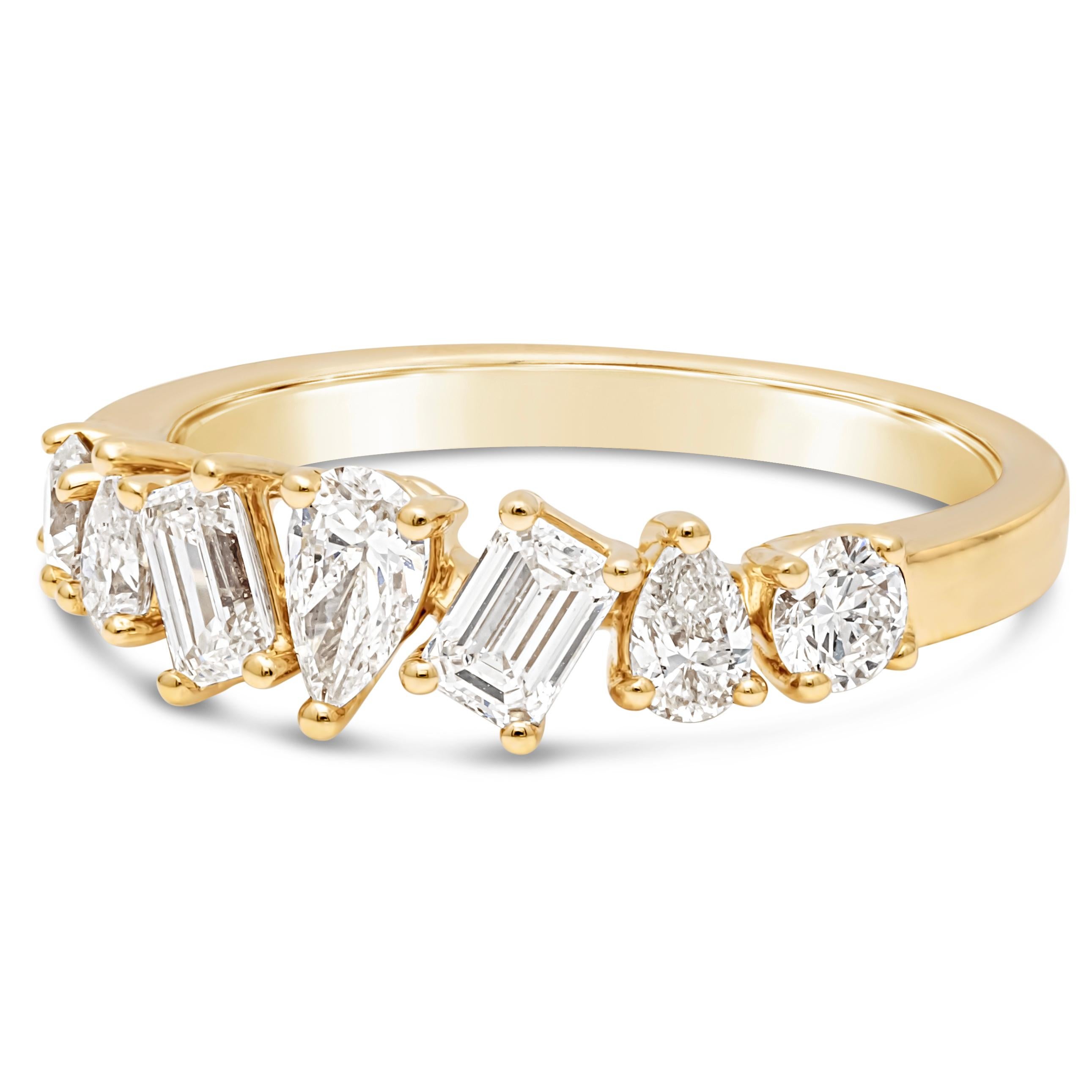This simple and classy seven stone fashion ring showcases seven mixed cut diamonds weighing 1.04 carats total, G color and VS-SI1 in clarity. Set in a timeless prong setting and finely made in 18k yellow gold.

Style available in different price
