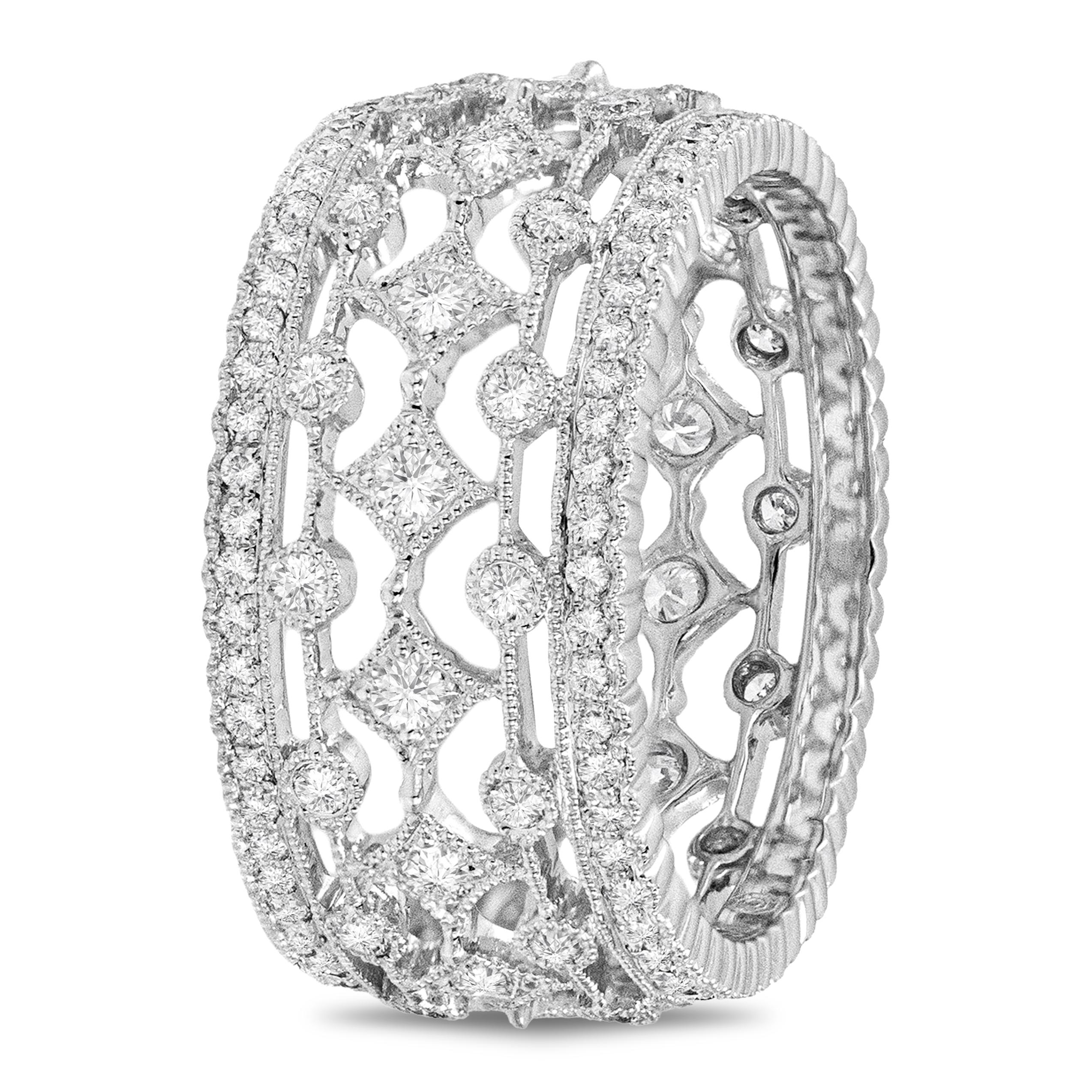 An old fashioned wide wedding band style featuring brilliant round diamonds set in an intricate open work design. Diamonds weighs 1.04 carats total, Made in 18K White Gold. Size 6.25 US. 

Roman Malakov is a custom house, specializing in creating