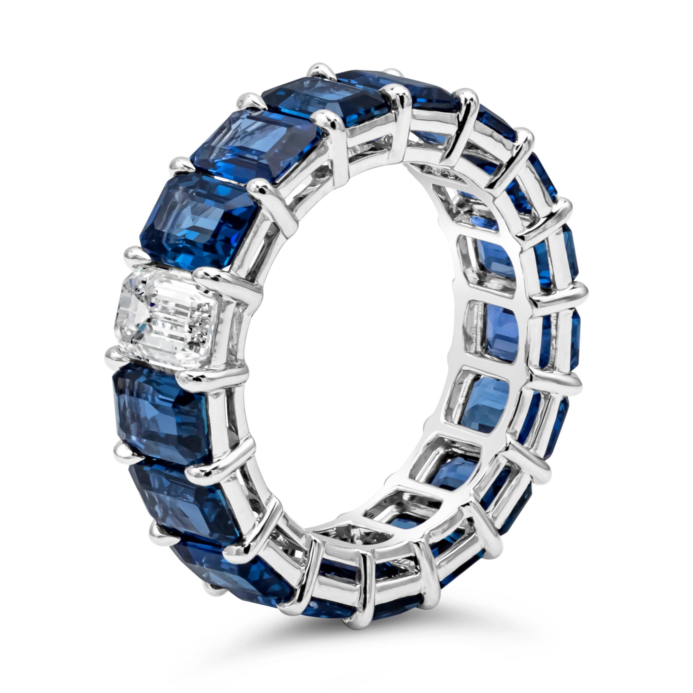 Contemporary Roman Malakov 10.56 Emerald Cut Blue Sapphires and Diamond Eternity Wedding Band For Sale
