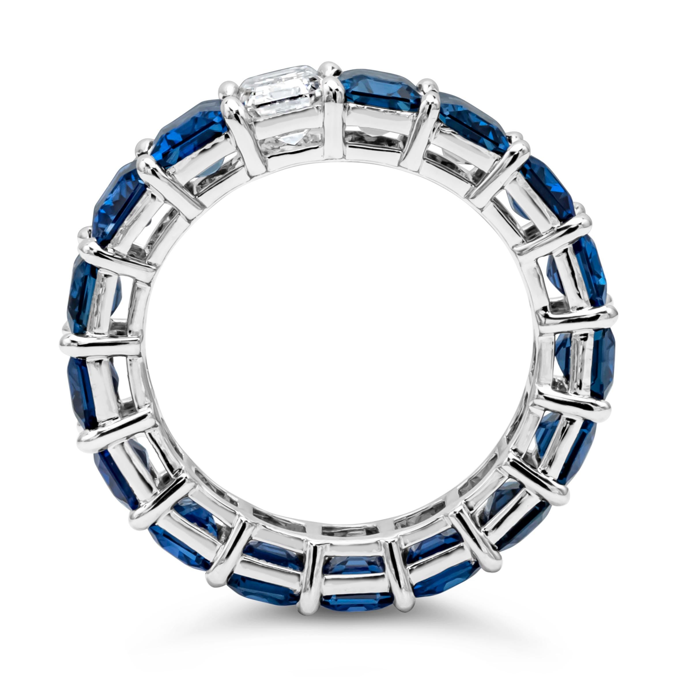 Roman Malakov 10.56 Emerald Cut Blue Sapphires and Diamond Eternity Wedding Band In New Condition For Sale In New York, NY