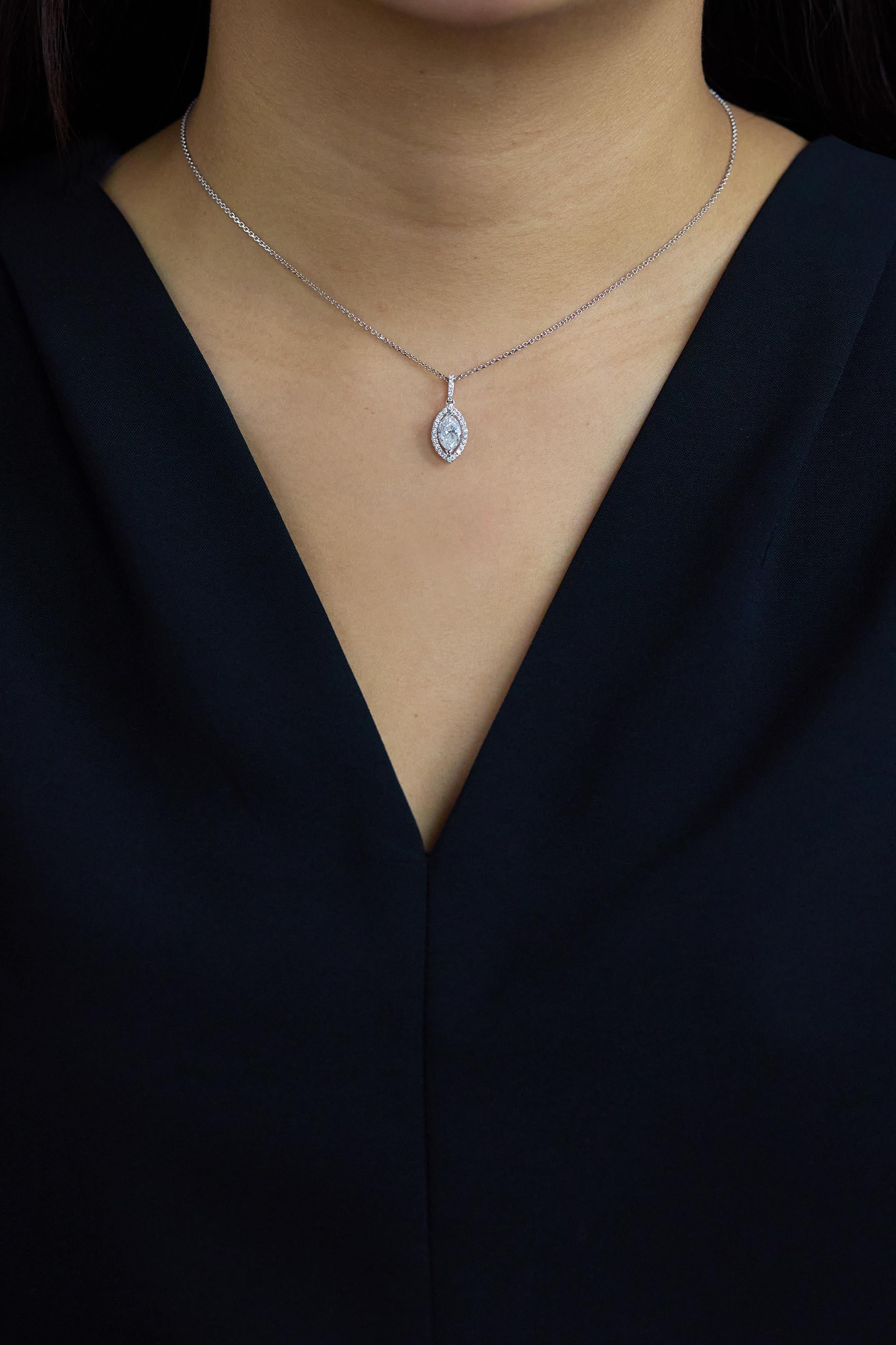 Contemporary Roman Malakov 1.06 Carats Marquise Cut Diamond Halo Pendant Necklace For Sale