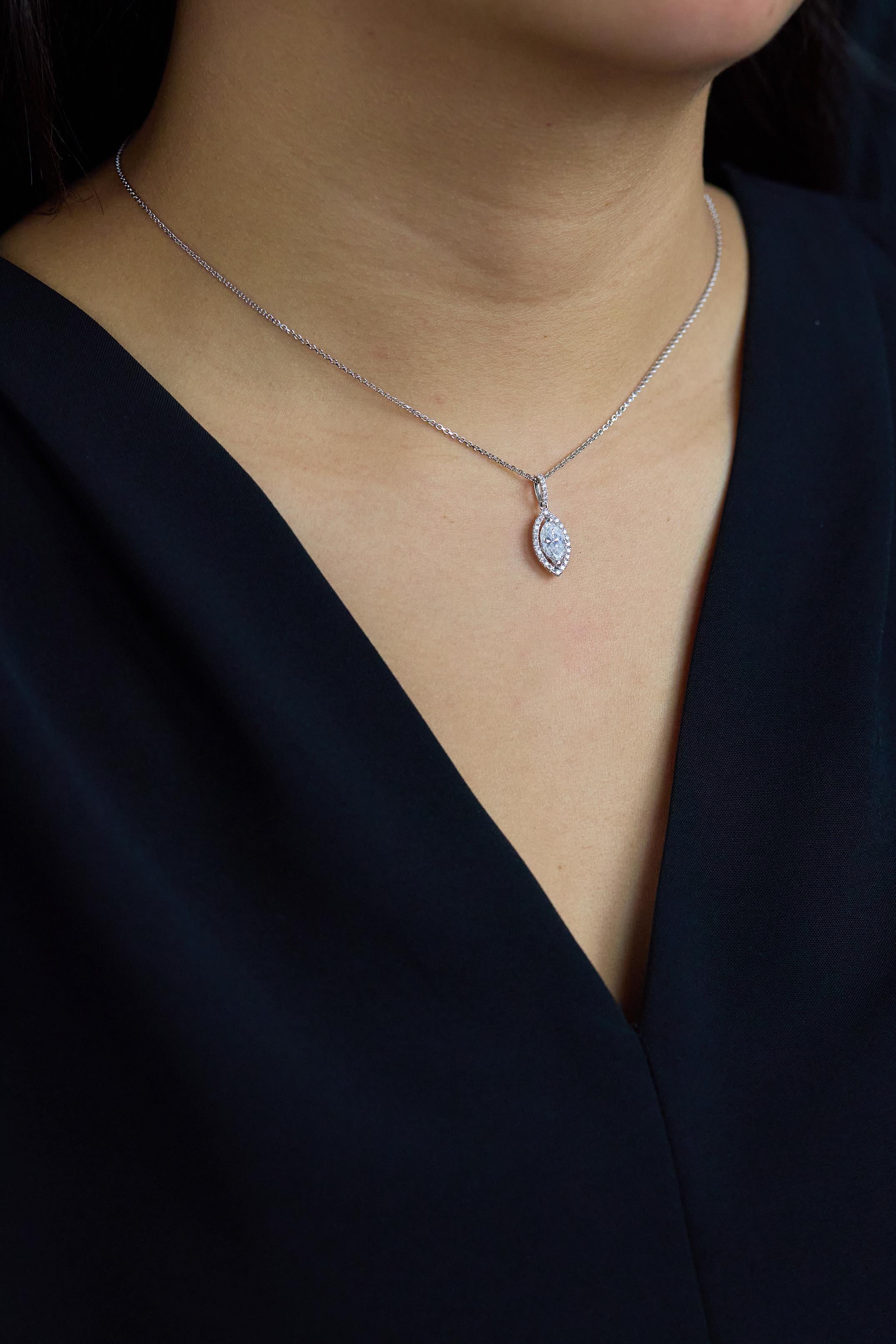 Women's Roman Malakov 1.06 Carats Marquise Cut Diamond Halo Pendant Necklace For Sale