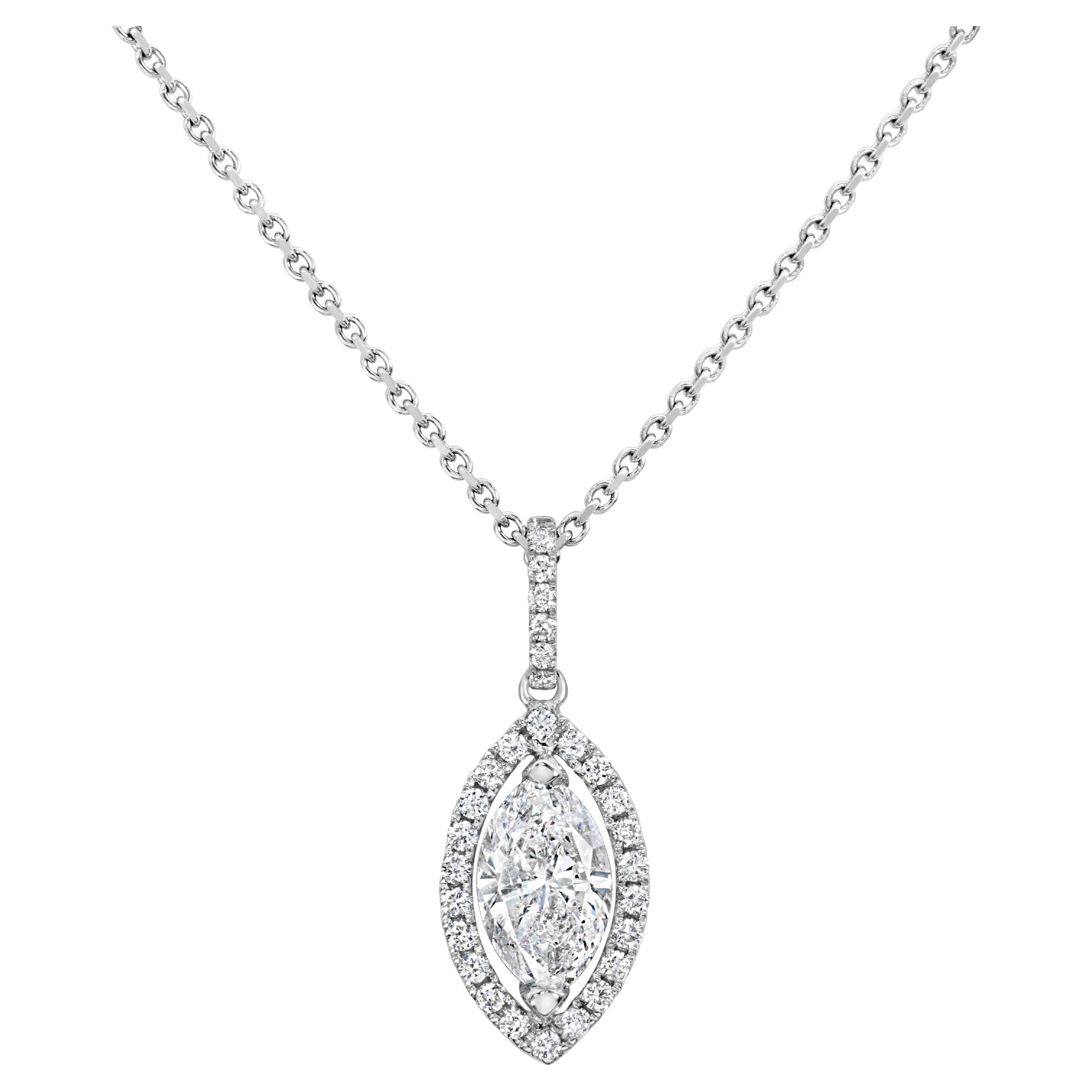 Roman Malakov 1.06 Carats Marquise Cut Diamond Halo Pendant Necklace