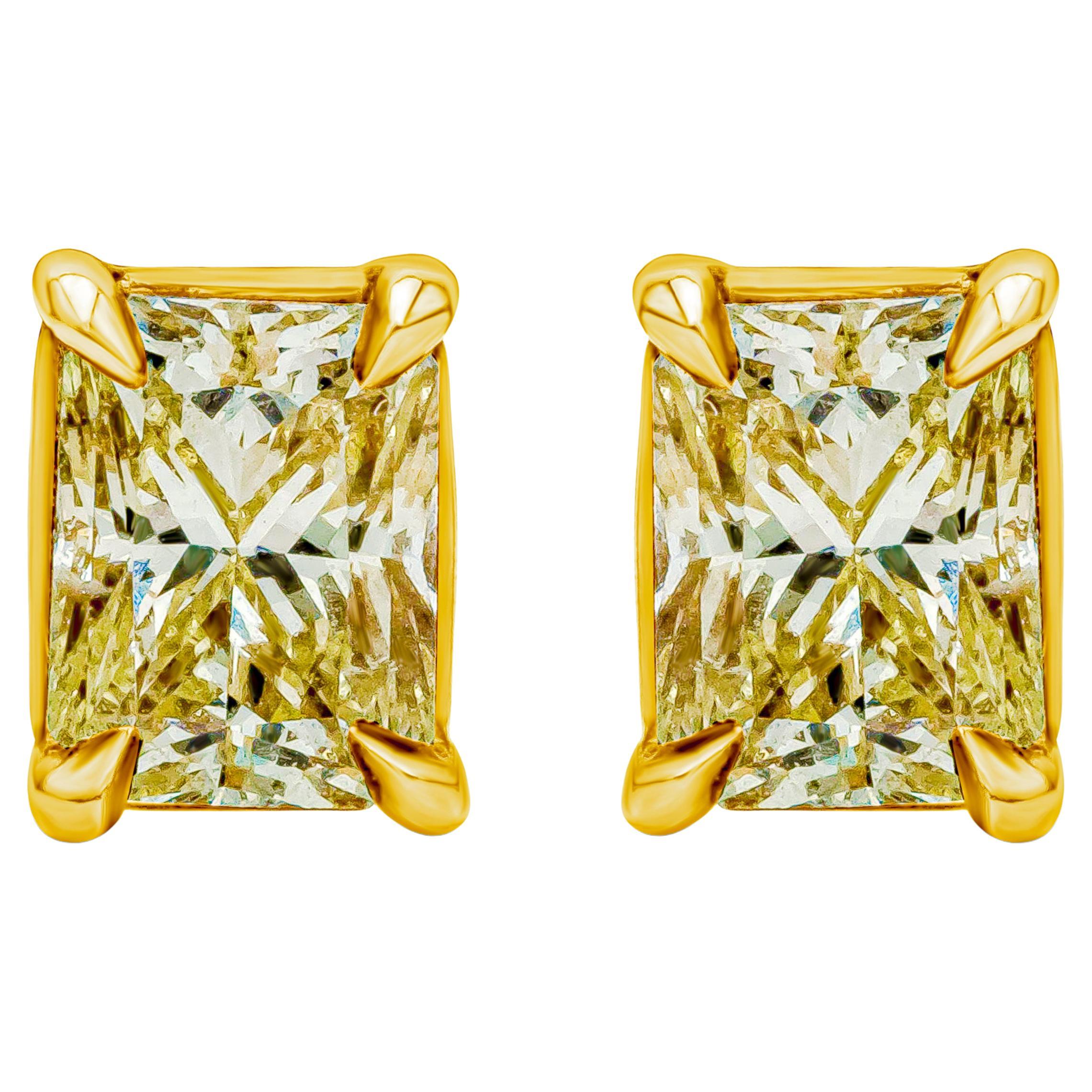 Roman Malakov 1.07 Carats Total Radiant Cut Fancy Yellow Diamond Stud Earrings