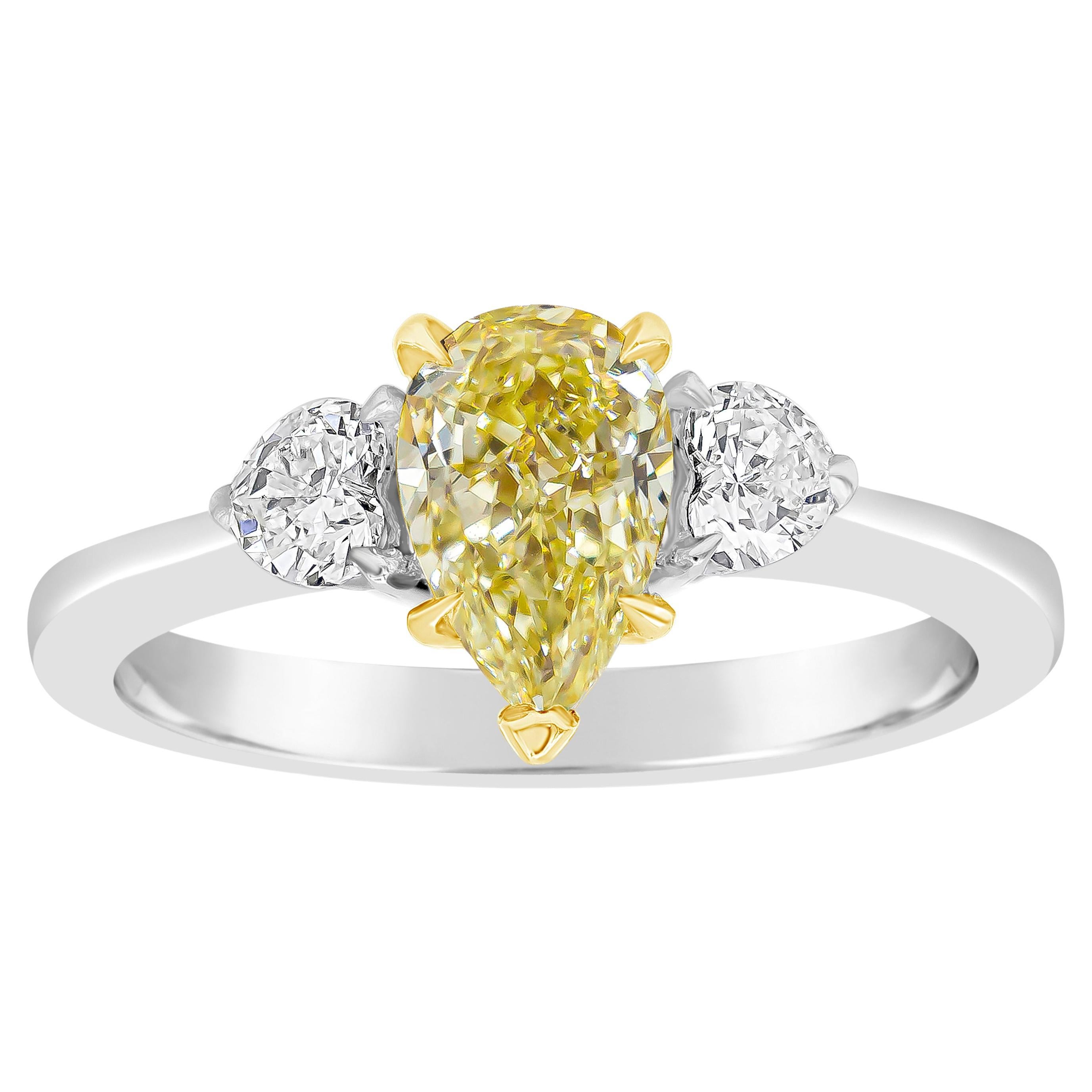 Roman Malakov 1.09 Carats Pear Shape Yellow Diamond Three-Stone Engagement Ring For Sale