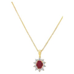 Roman Malakov 1.09 Carats Total Ruby & Diamond Halo Yellow Gold Pendant Necklace