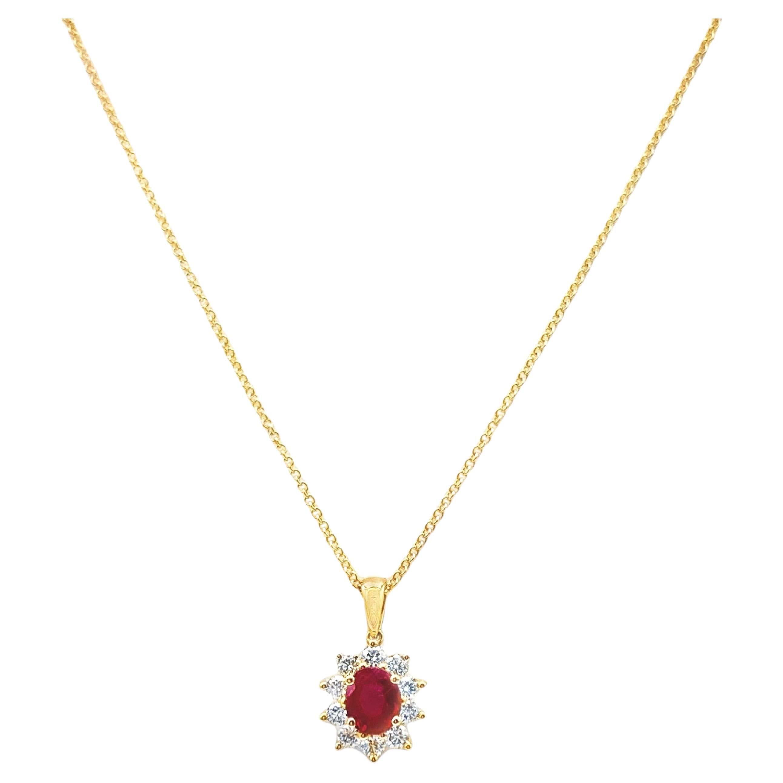Roman Malakov Diamonds Collana in oro giallo con rubino e diamanti a raggiera da 1,09 carati totali in vendita