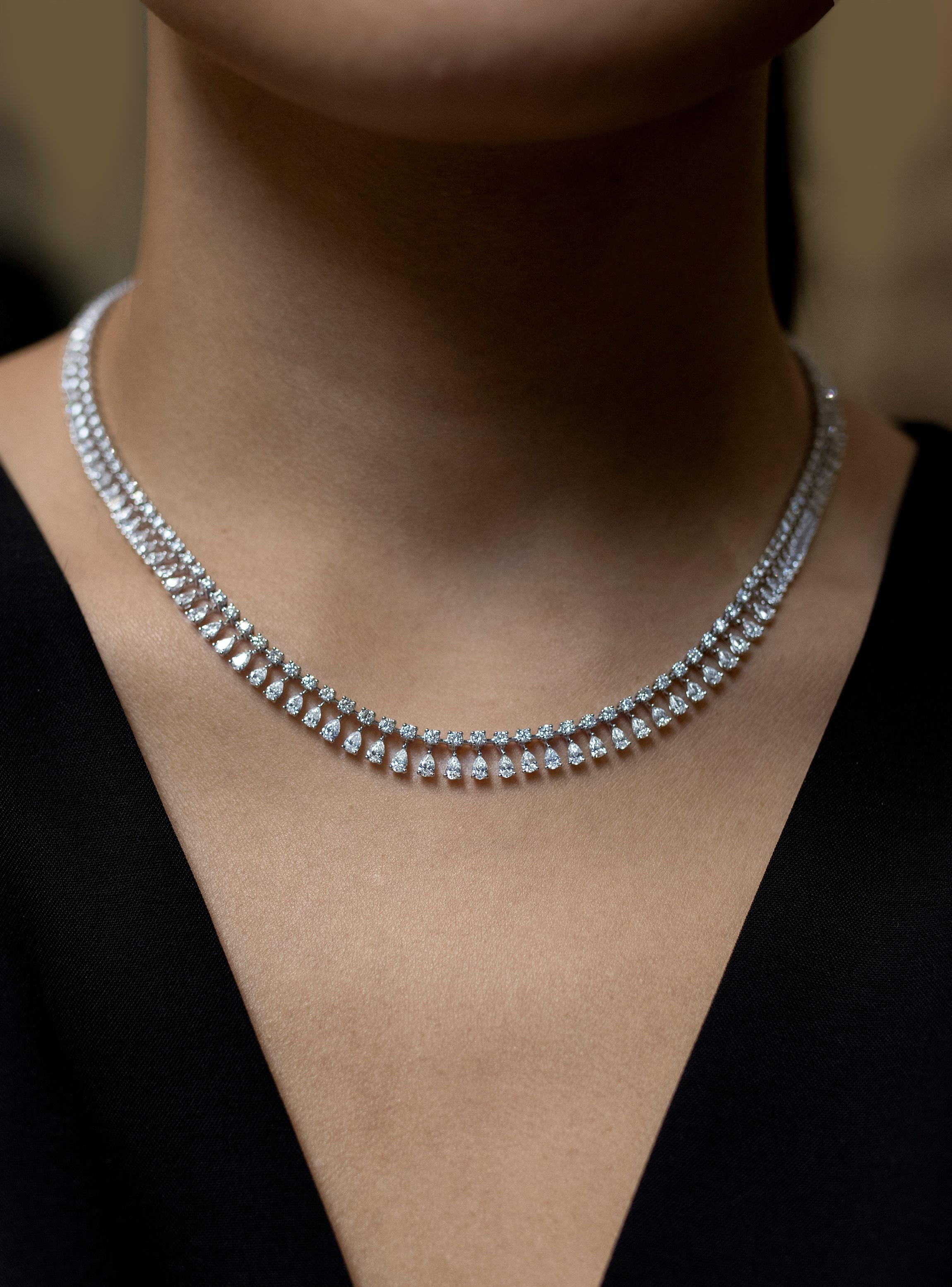 Contemporary Roman Malakov, 10.99 Total Carats Round and Pear Shape Diamond Riviere Necklace For Sale