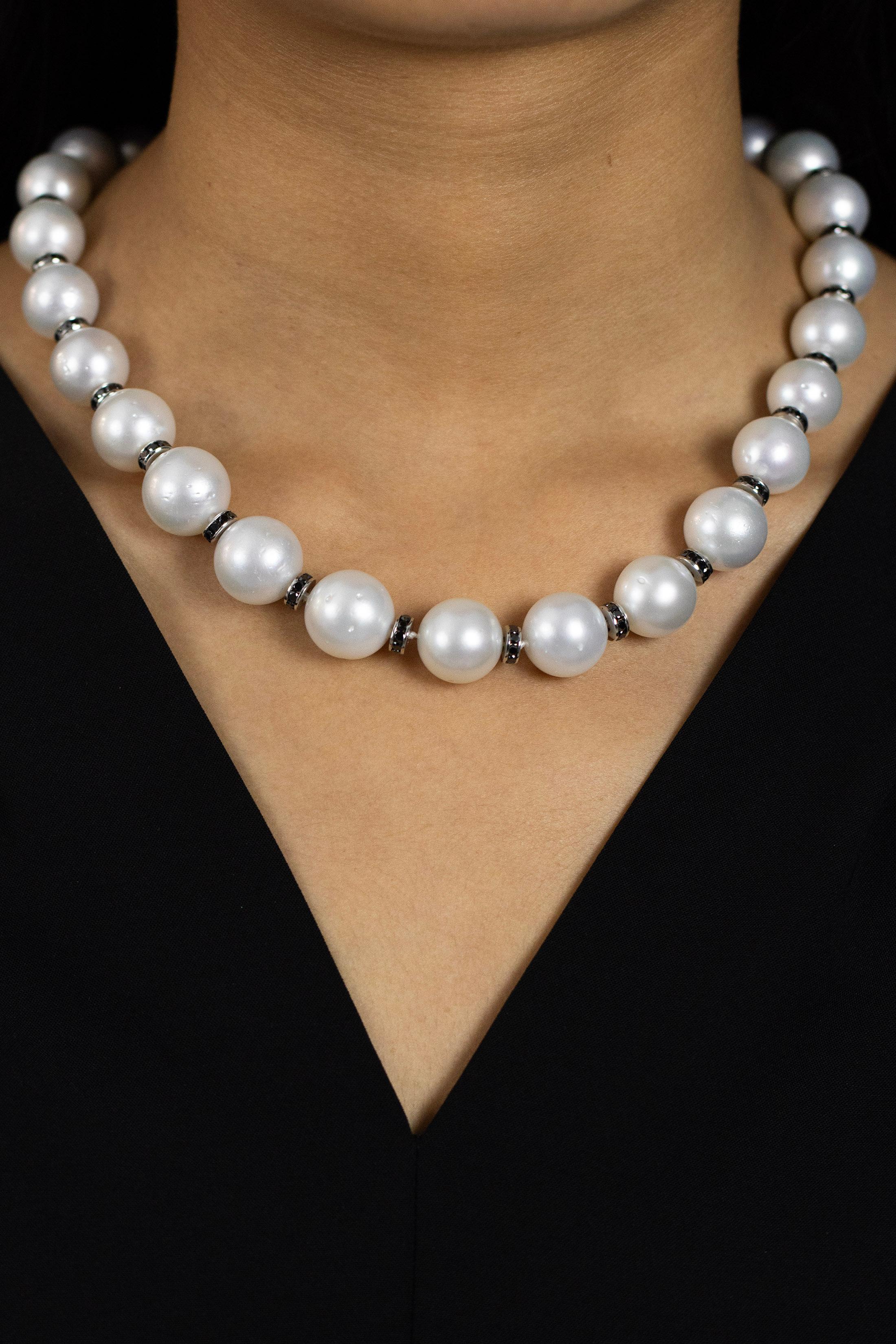 Contemporary Roman Malakov 11.02 Carats Black Diamonds with Natural White Pearls Necklace For Sale