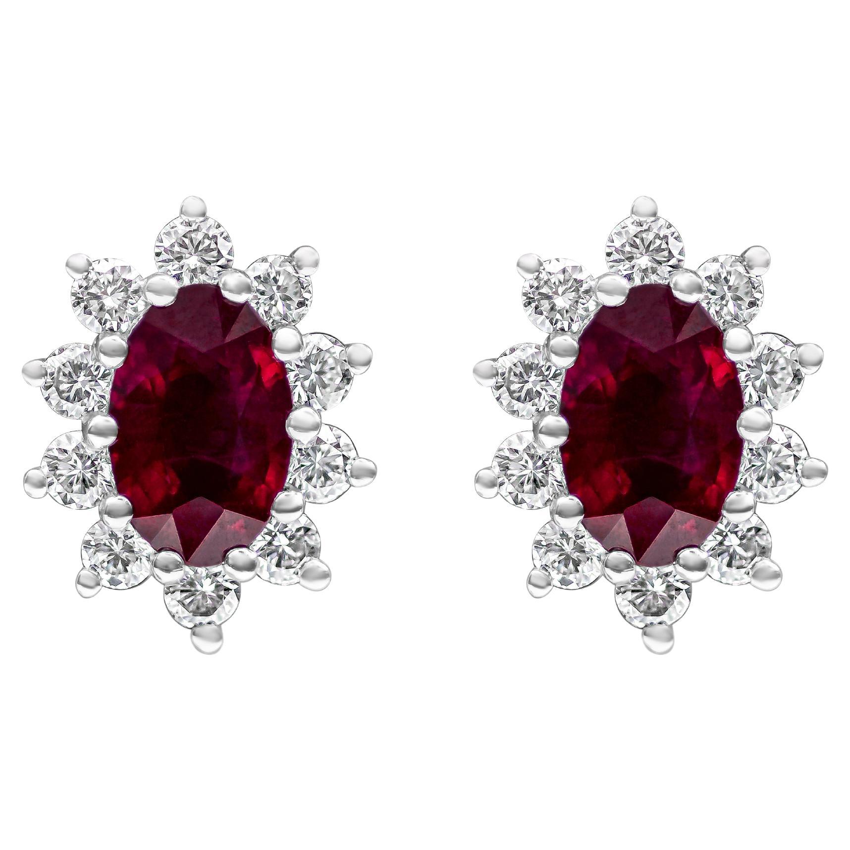 Roman Malakov, 1.11 Carat Total Red Ruby and Diamond Halo Earrings in White Gold