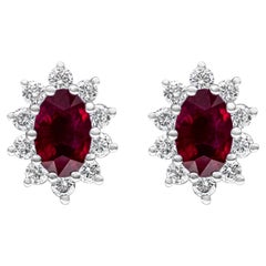 Roman Malakov, 1.11 Carat Total Red Ruby and Diamond Halo Earrings in White Gold