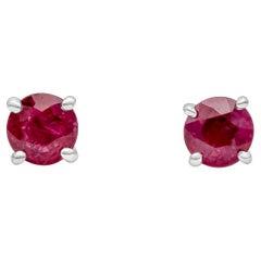 Roman Malakov 1.12 Carat Total Round Cut Ruby Four-Prong Stud Earrings