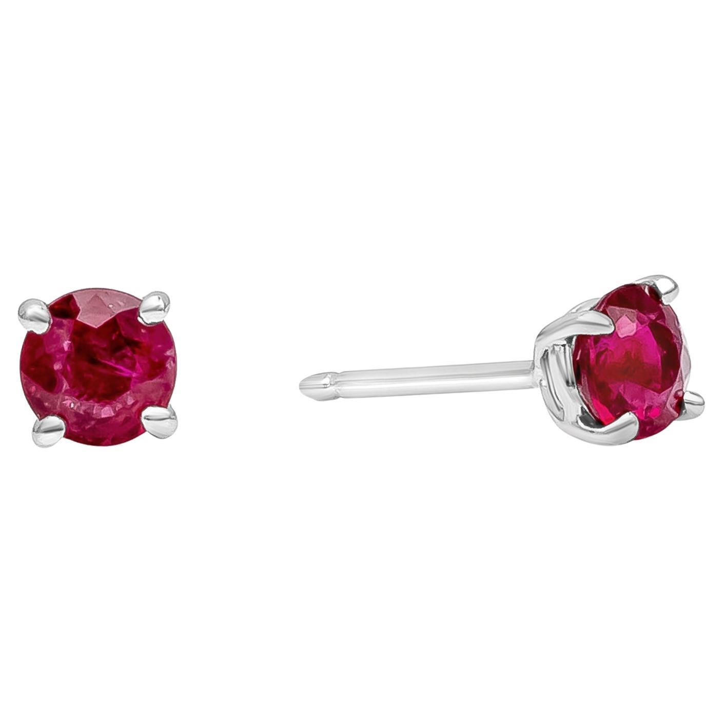 Roman Malakov 1.12 Carat Total Round Cut Ruby Four-Prong Stud Earrings