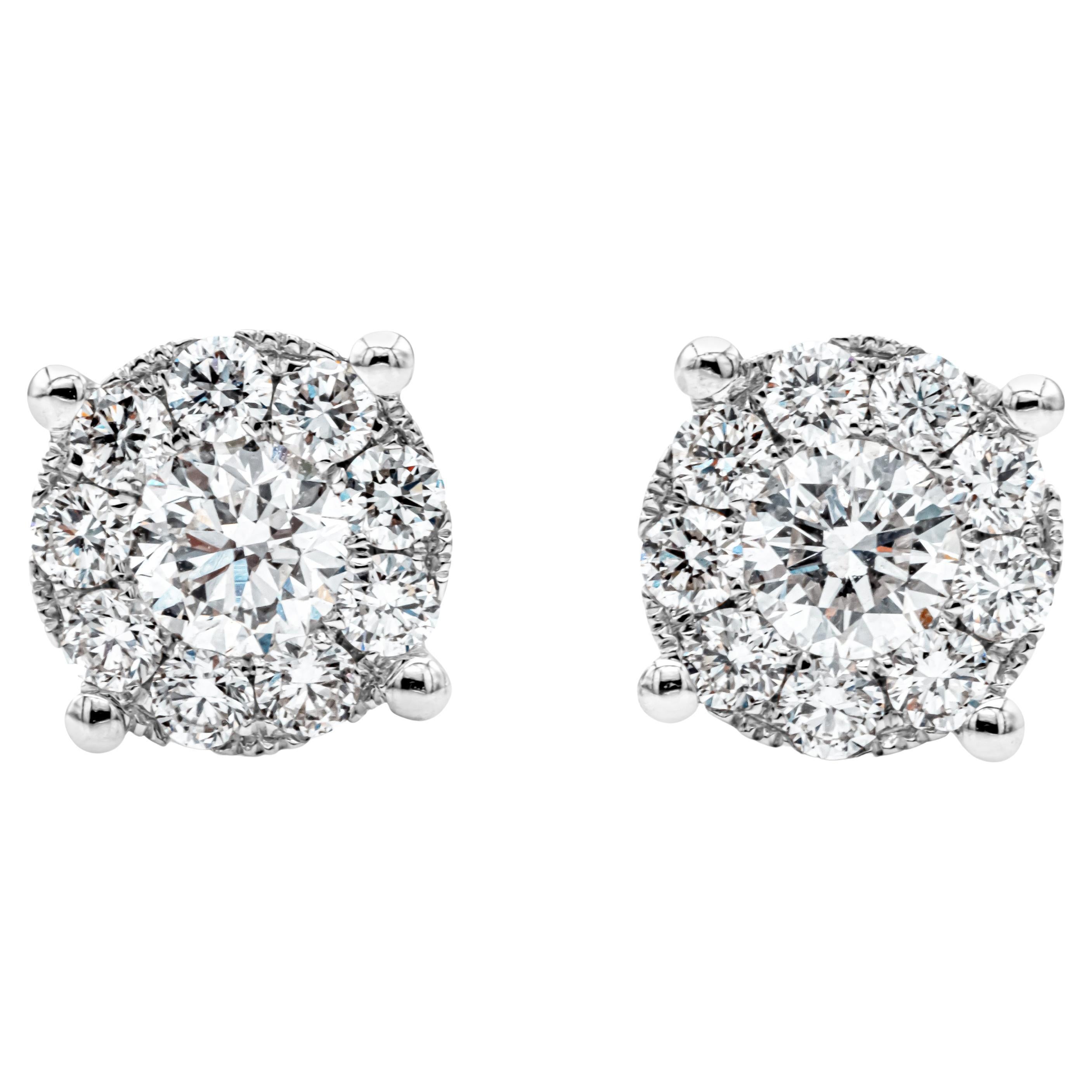 Roman Malakov 1.13 Carats Total Brilliant Round Diamond Cluster Stud Earrings