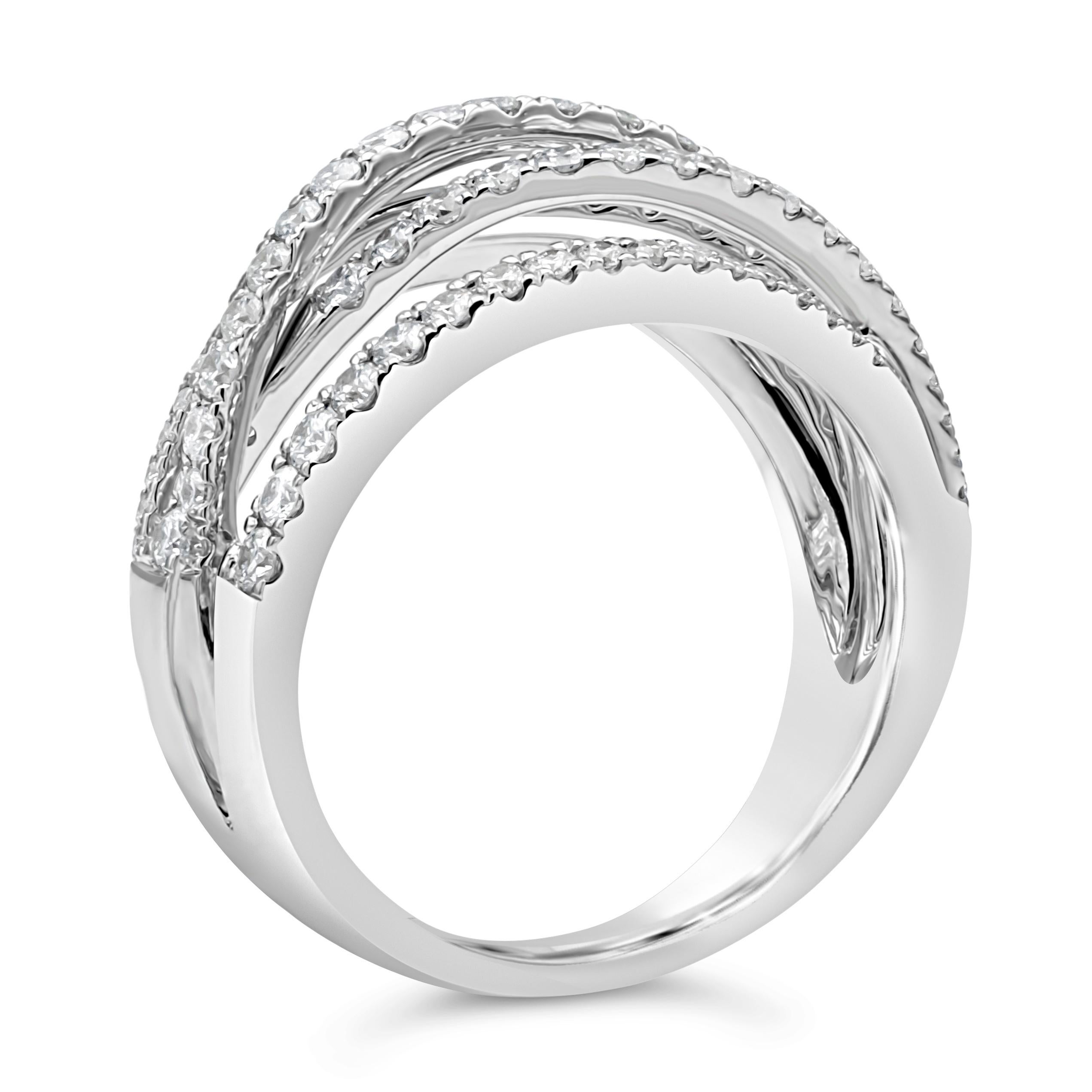 A fascinating fashion ring showcasing five rows of brilliant round diamond weighing 1.13 carats total, F-G color and VS-Si in clarity. Set in an entwined galaxy design. Made in 18K White Gold, Size 6.5 US

Style available in different price ranges.