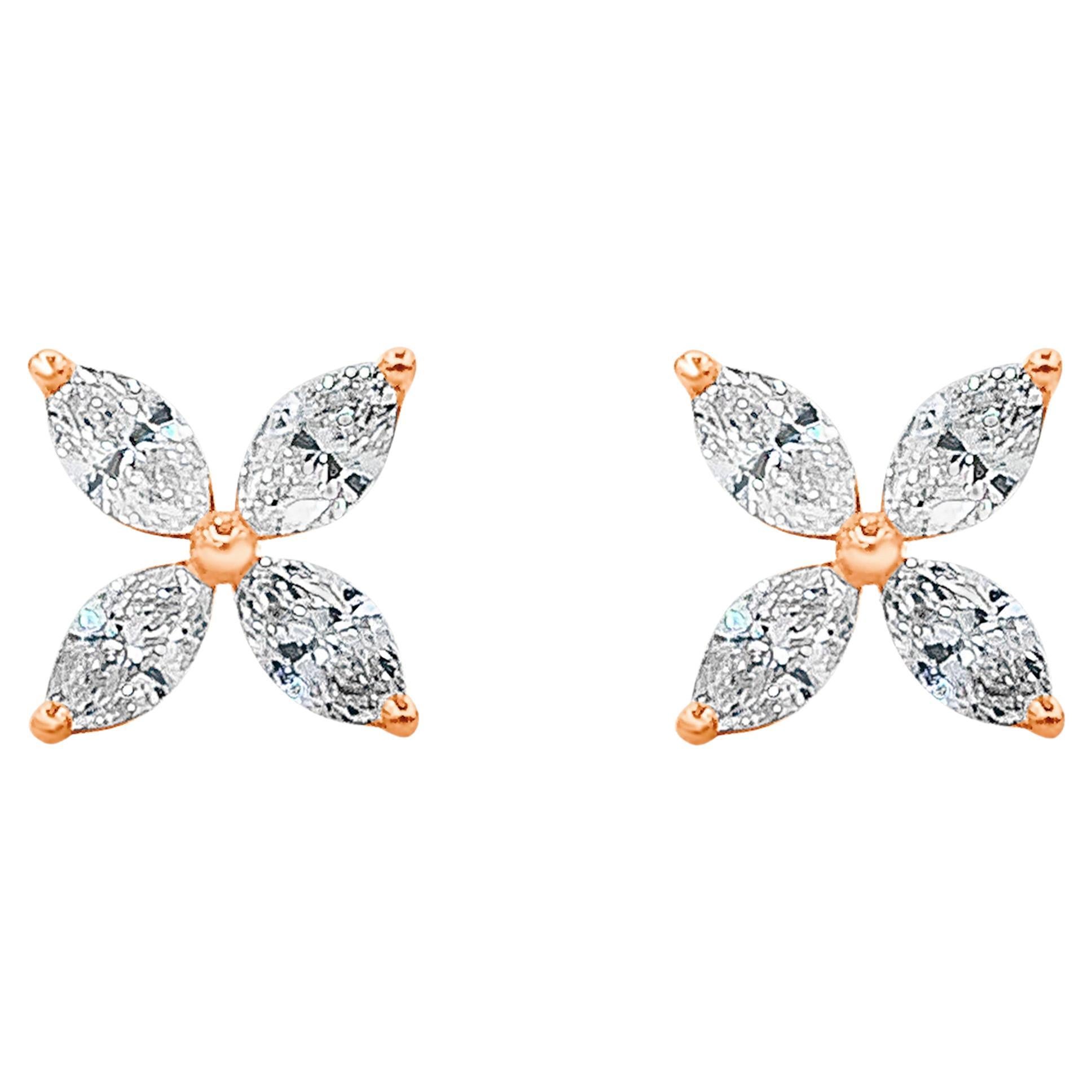 Roman Malakov 1.14 Carats Total Marquise Cut Diamond Flower Stud Earrings For Sale