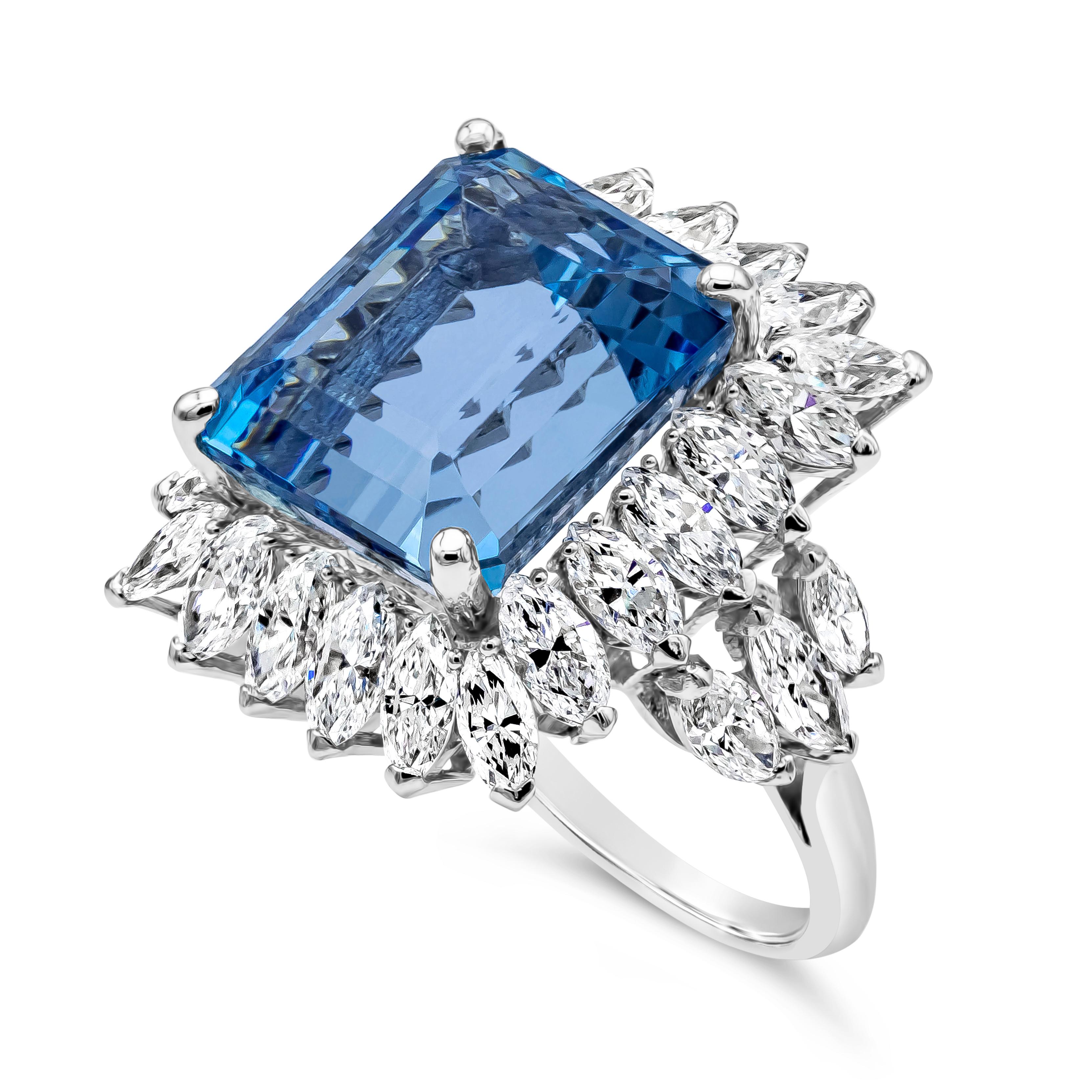 Roman Malakov 11.48 Carat Emerald Cut Aquamarine with Diamond Halo Cocktail Ring In New Condition For Sale In New York, NY