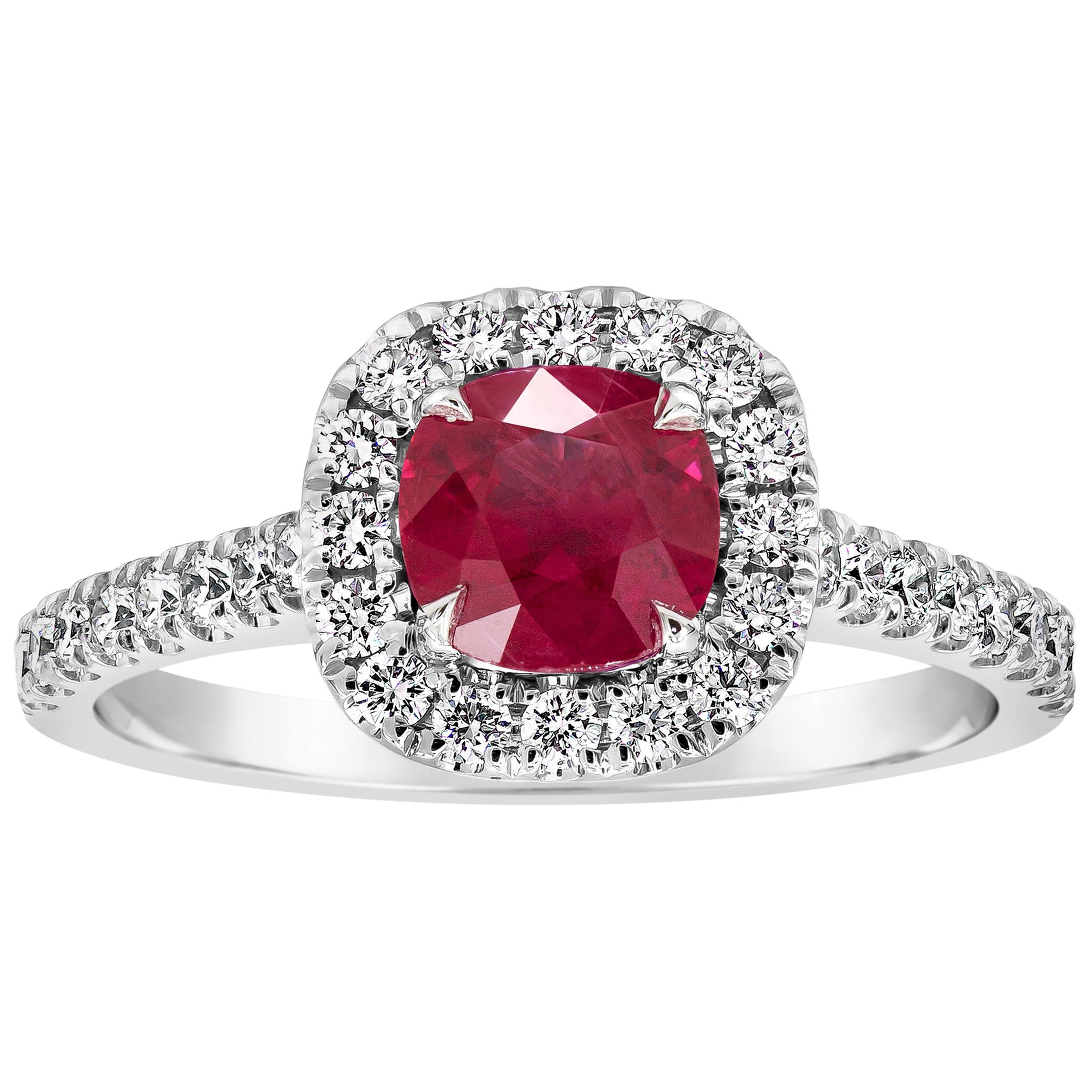 Roman Malakov Diamonds 1,15 Carati Taglio Cuscino Rubino Birmano Diamante Halo Anello di fidanzamento