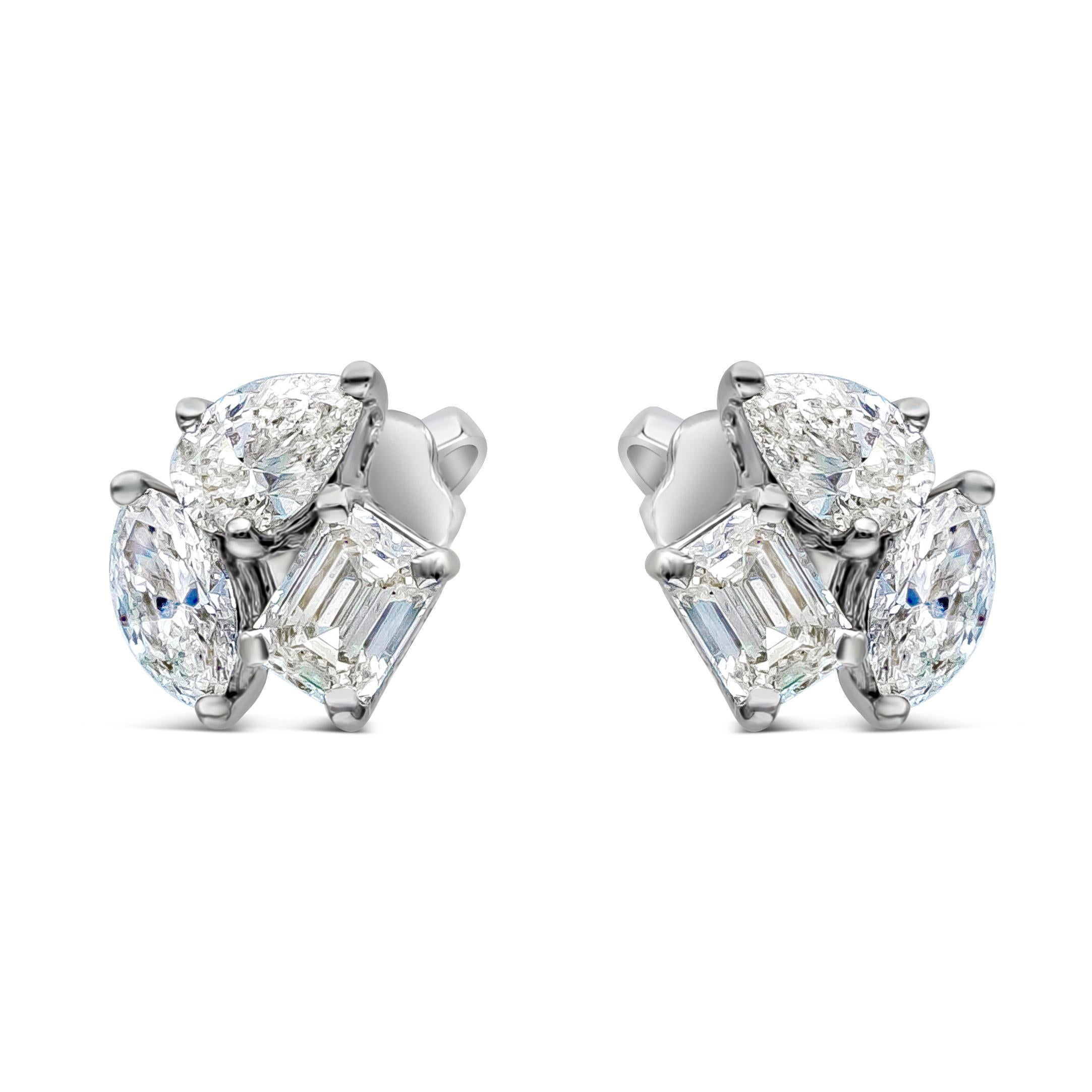 A beautiful three stone stud earrings showcasing marquise, pear and emerald cut white diamonds weighing 1.16 carats total, G-H color and SI in Clarity. Made in 18K White Gold.

Roman Malakov is a custom house, specializing in creating anything you