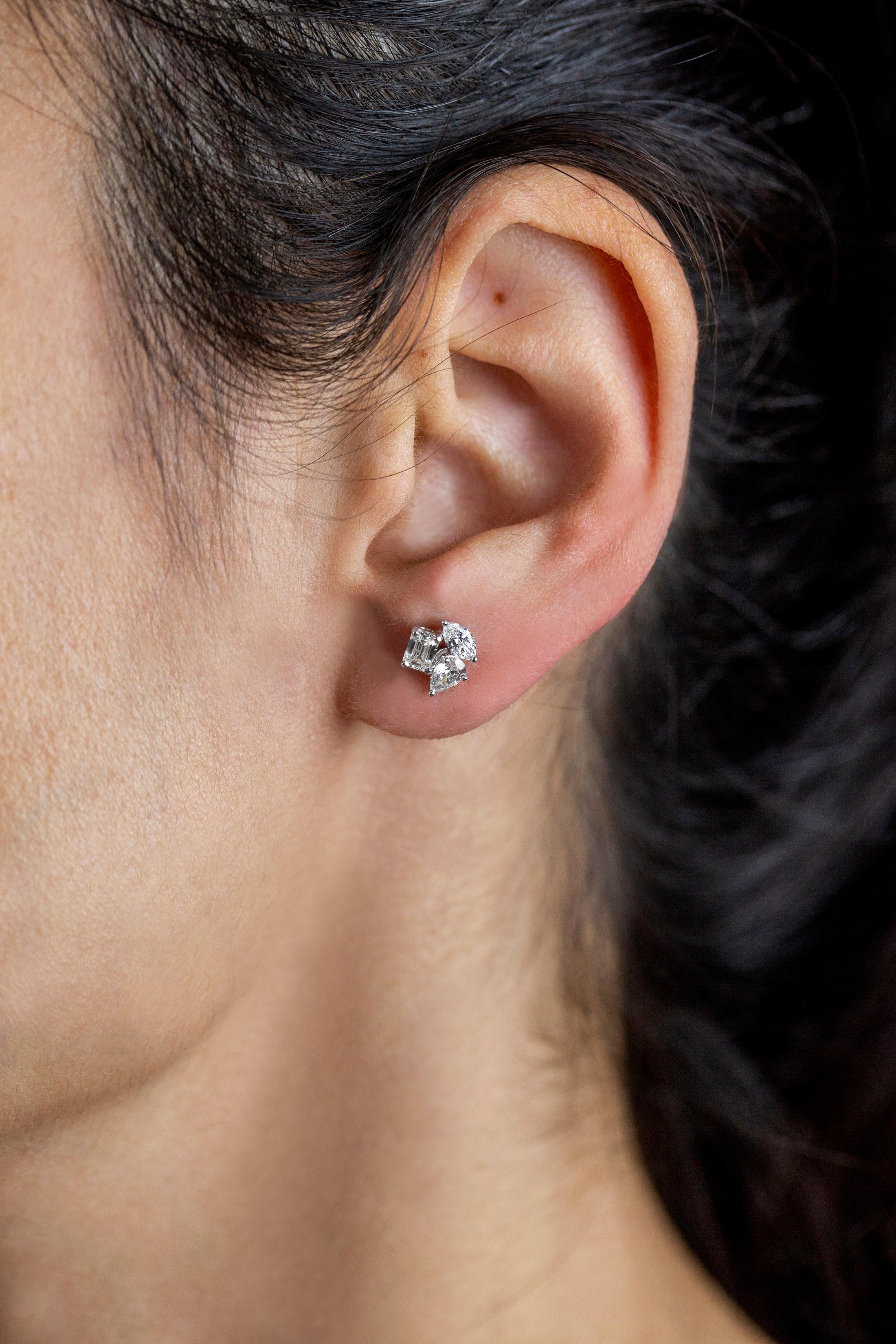 Contemporary Roman Malakov 1.16 Carat Total Mixed Cut Diamond Three Stone Stud Earrings