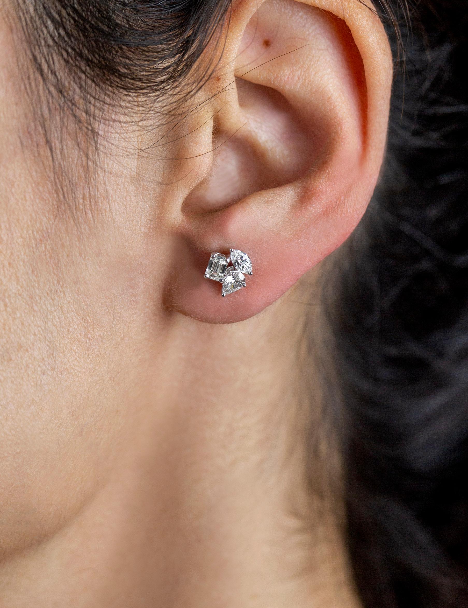 Roman Malakov 1.16 Carat Total Mixed Cut Diamond Three Stone Stud Earrings In New Condition In New York, NY