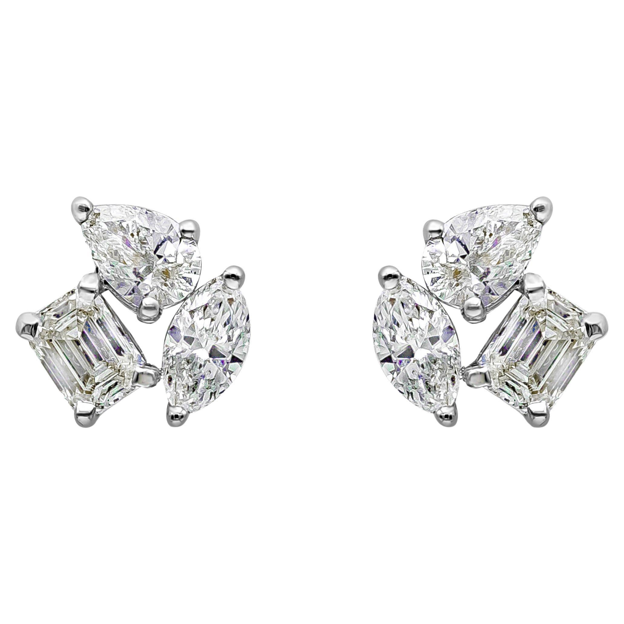 Roman Malakov 1.16 Carat Total Mixed Cut Diamond Three Stone Stud Earrings