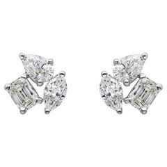 Roman Malakov 1.16 Carat Total Mixed Cut Diamond Three Stone Stud Earrings
