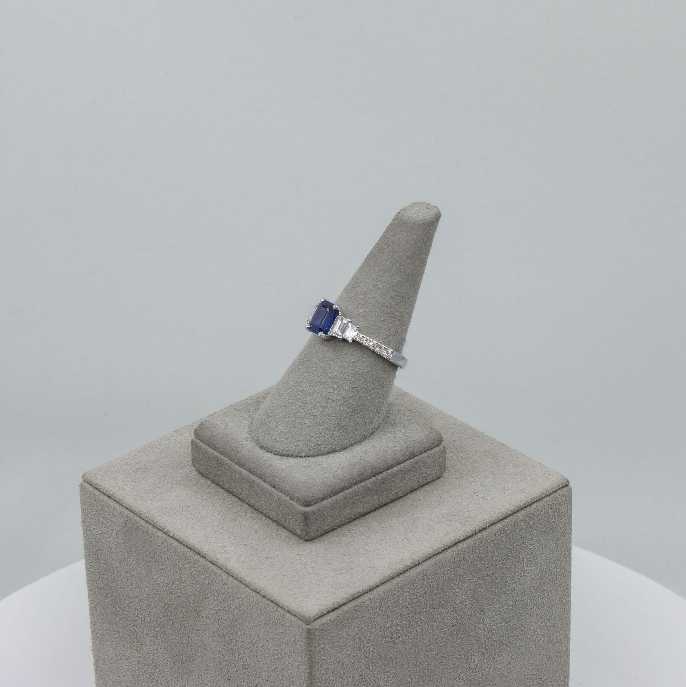 Roman Malakov 1.17 Carat Emerald Cut Blue Sapphire and Diamond Engagement Ring For Sale 4