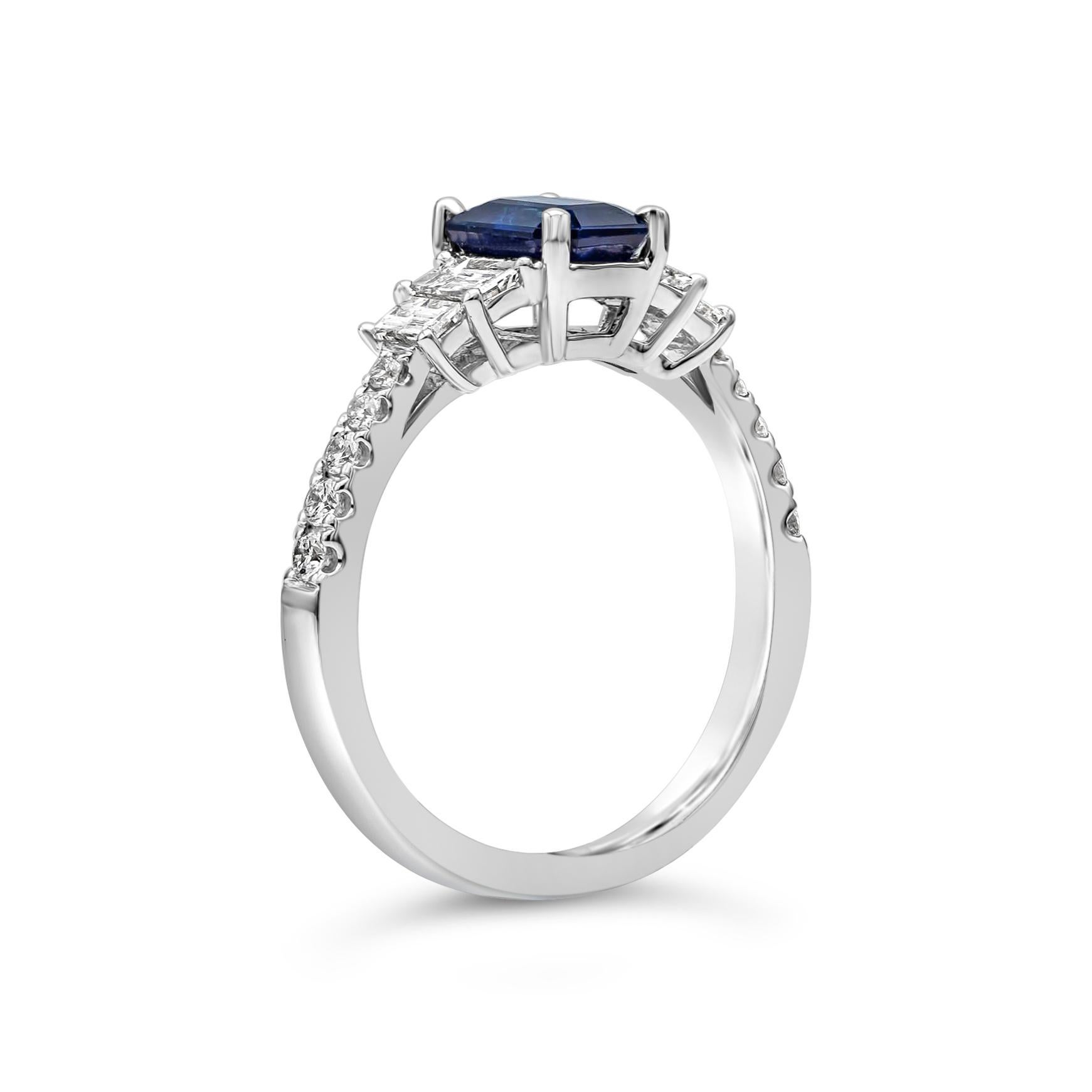 Contemporary Roman Malakov 1.17 Carat Emerald Cut Blue Sapphire and Diamond Engagement Ring For Sale