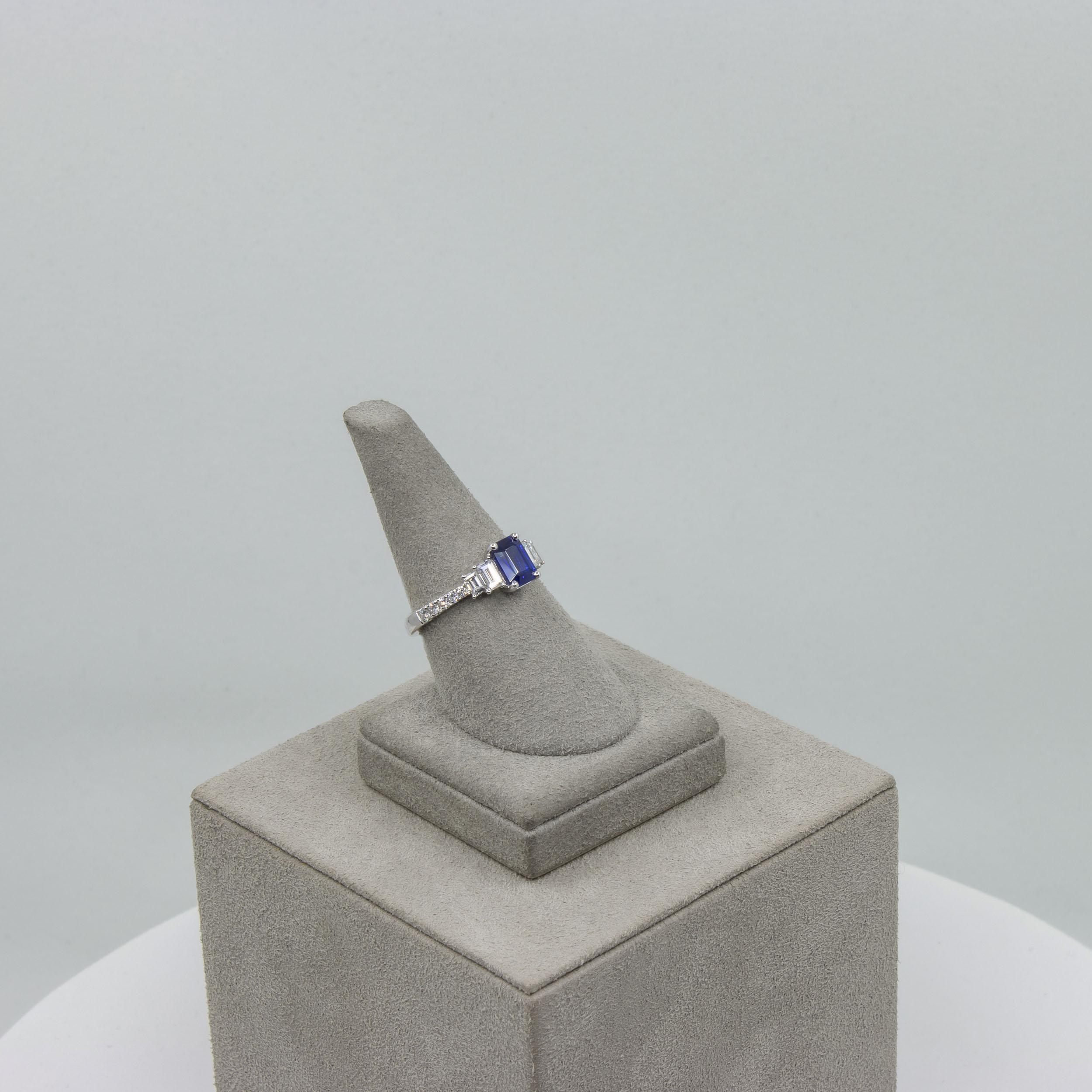 Roman Malakov 1.17 Carat Emerald Cut Blue Sapphire and Diamond Engagement Ring For Sale 3