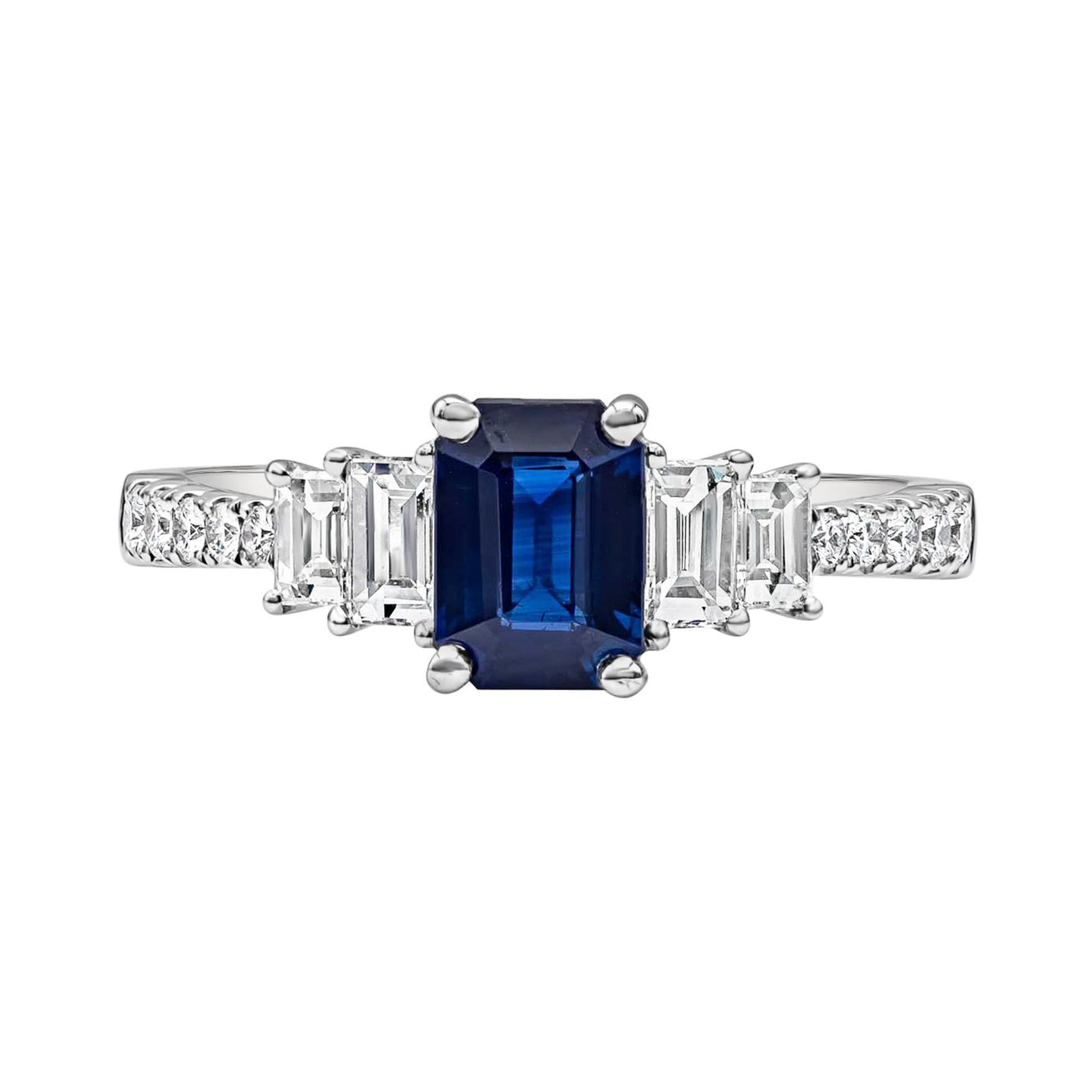 Roman Malakov 1.17 Carat Emerald Cut Blue Sapphire and Diamond Engagement Ring For Sale