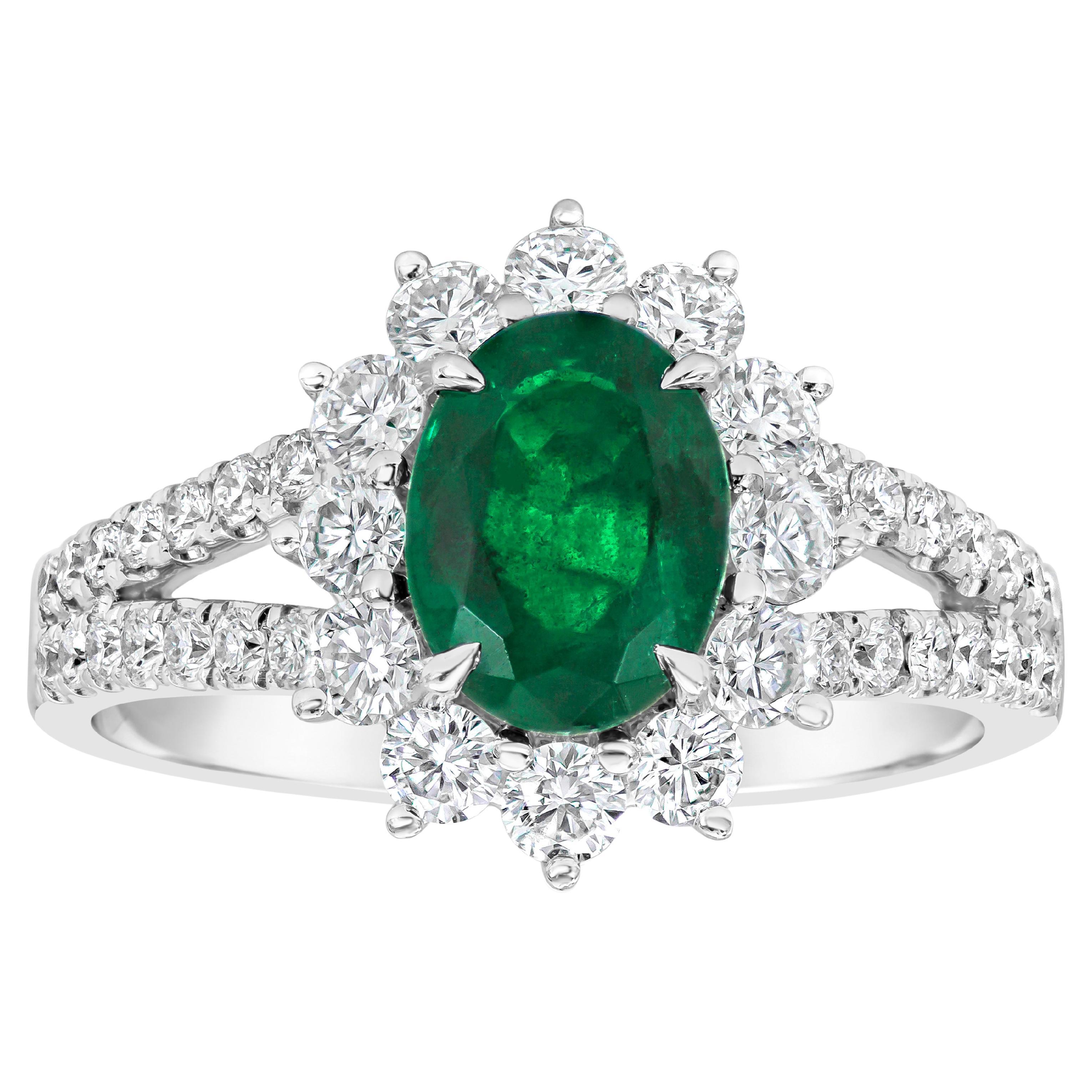 Roman Malakov 1.17 Carat Oval Cut Green Emerald and Diamond Halo Engagement Ring For Sale