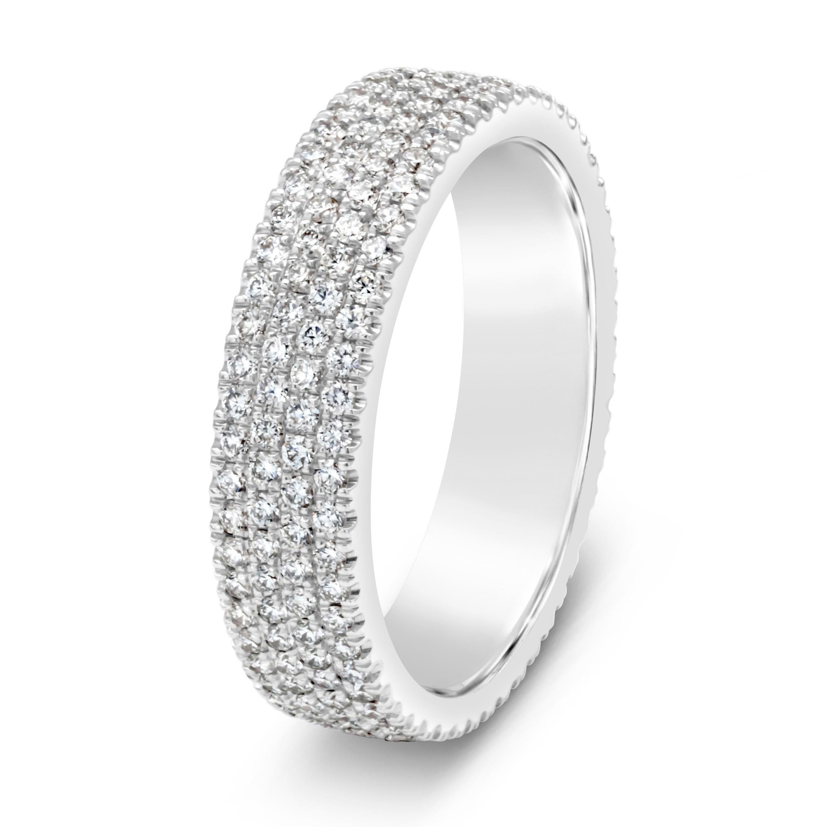 A fashionable and elegant eternity wedding band showcasing four rows of 216 brilliant round diamonds, weighing 1.17 carats total, F color and VS in clarity. Set in a micro-pave setting and Made in 18K White Gold.

Style available in different price