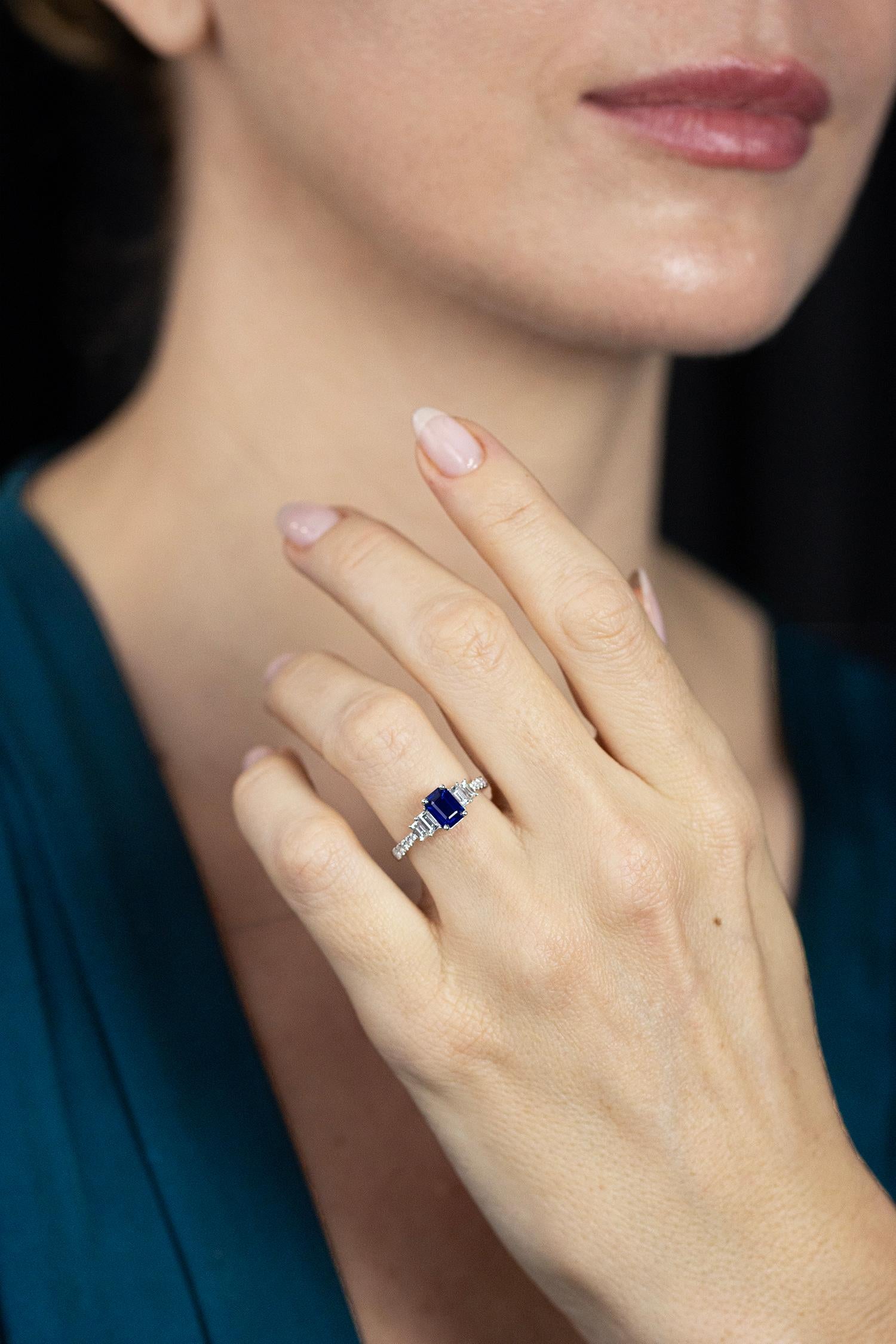 Contemporary Roman Malakov 1.17 Carats Emerald Cut Sapphire & Diamond Engagement Ring For Sale