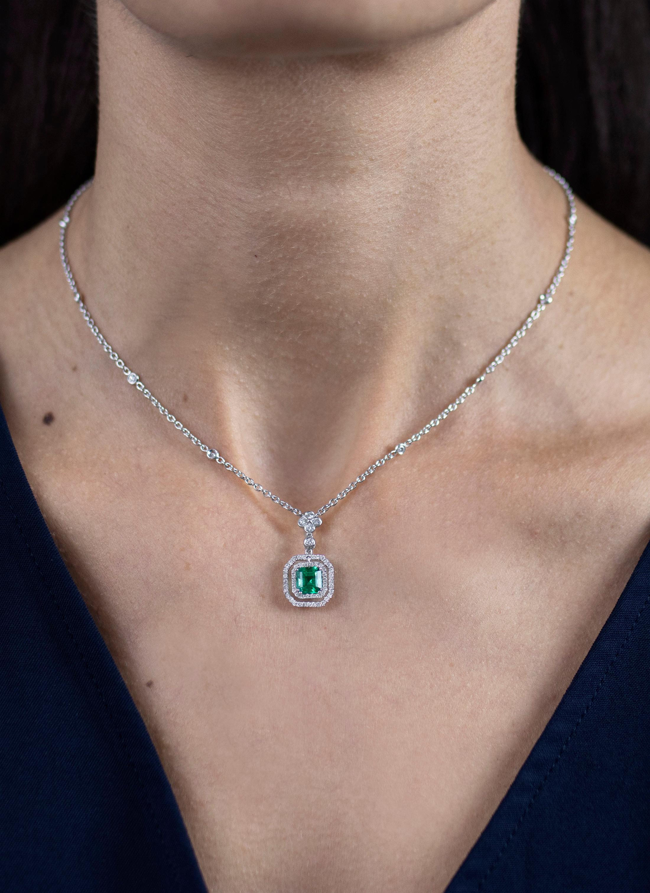 Contemporary Roman Malakov 1.18 Carat Emerald with Diamond Double Halo Pendant Necklace For Sale