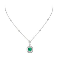 Roman Malakov 1.18 Carats Emerald & Diamond Double Halo Pendant Necklace