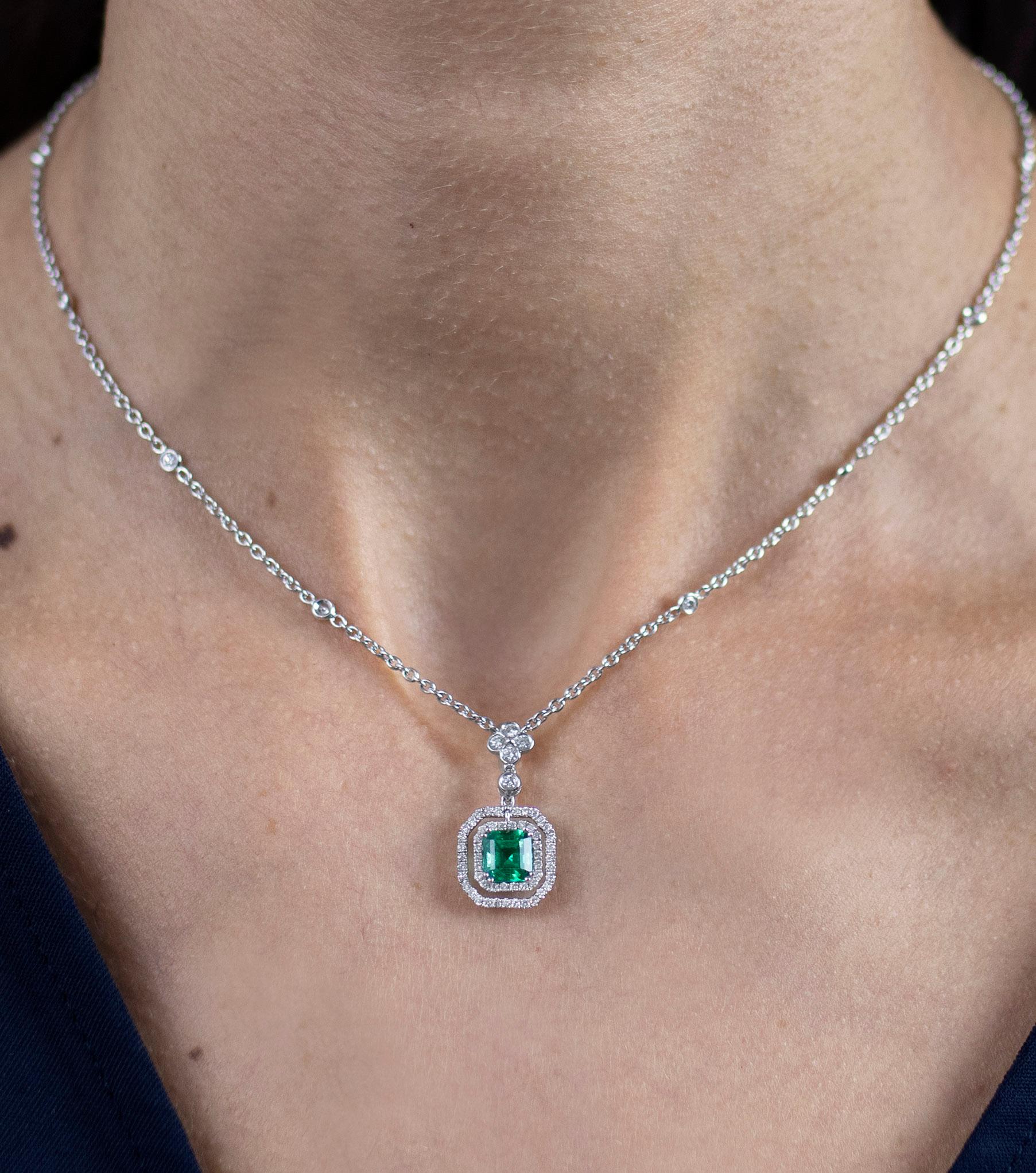 Emerald Cut Roman Malakov 1.18 Carat Emerald with Diamond Double Halo Pendant Necklace For Sale